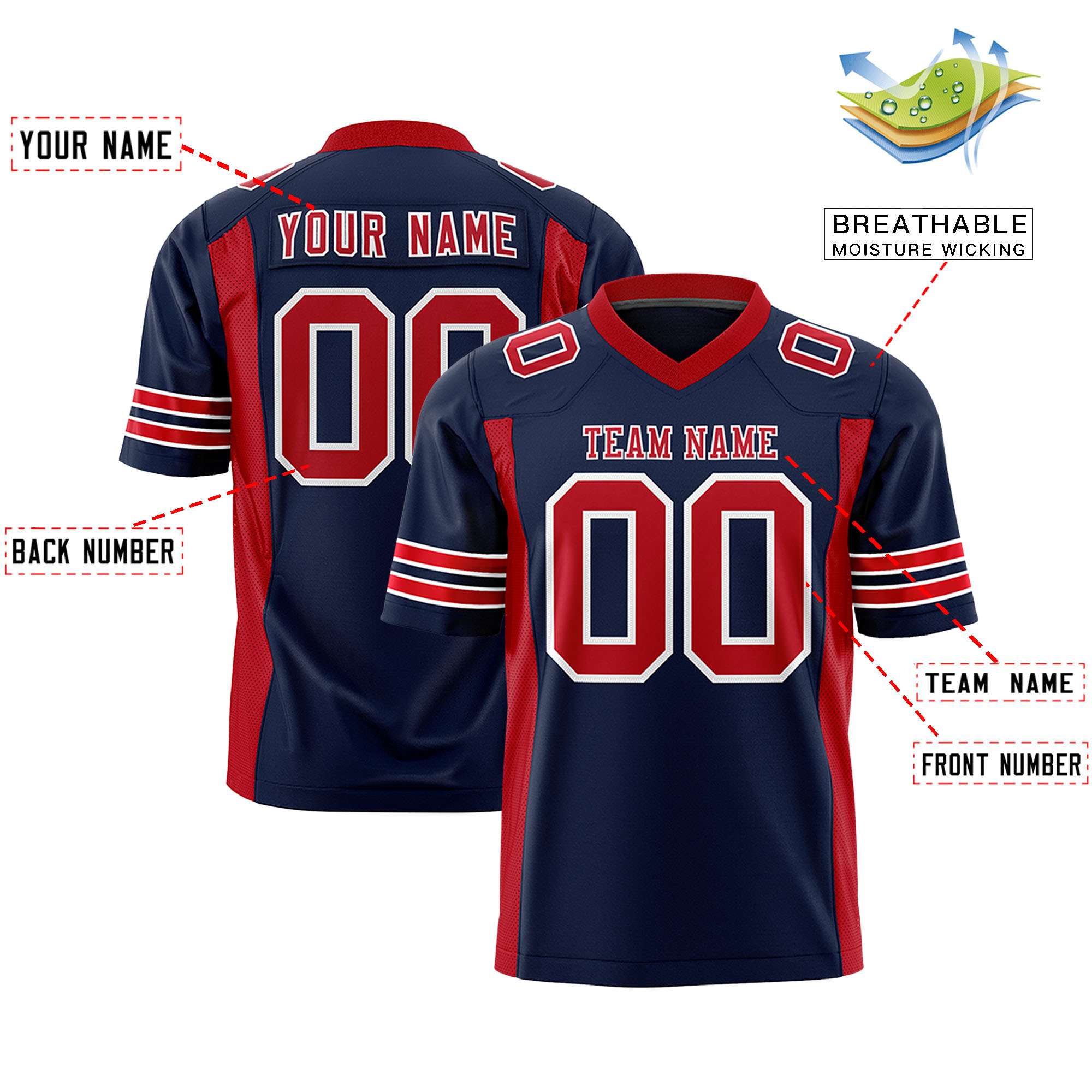 Custom Navy Red Personalized Insert Color Design Authentic Football Jersey