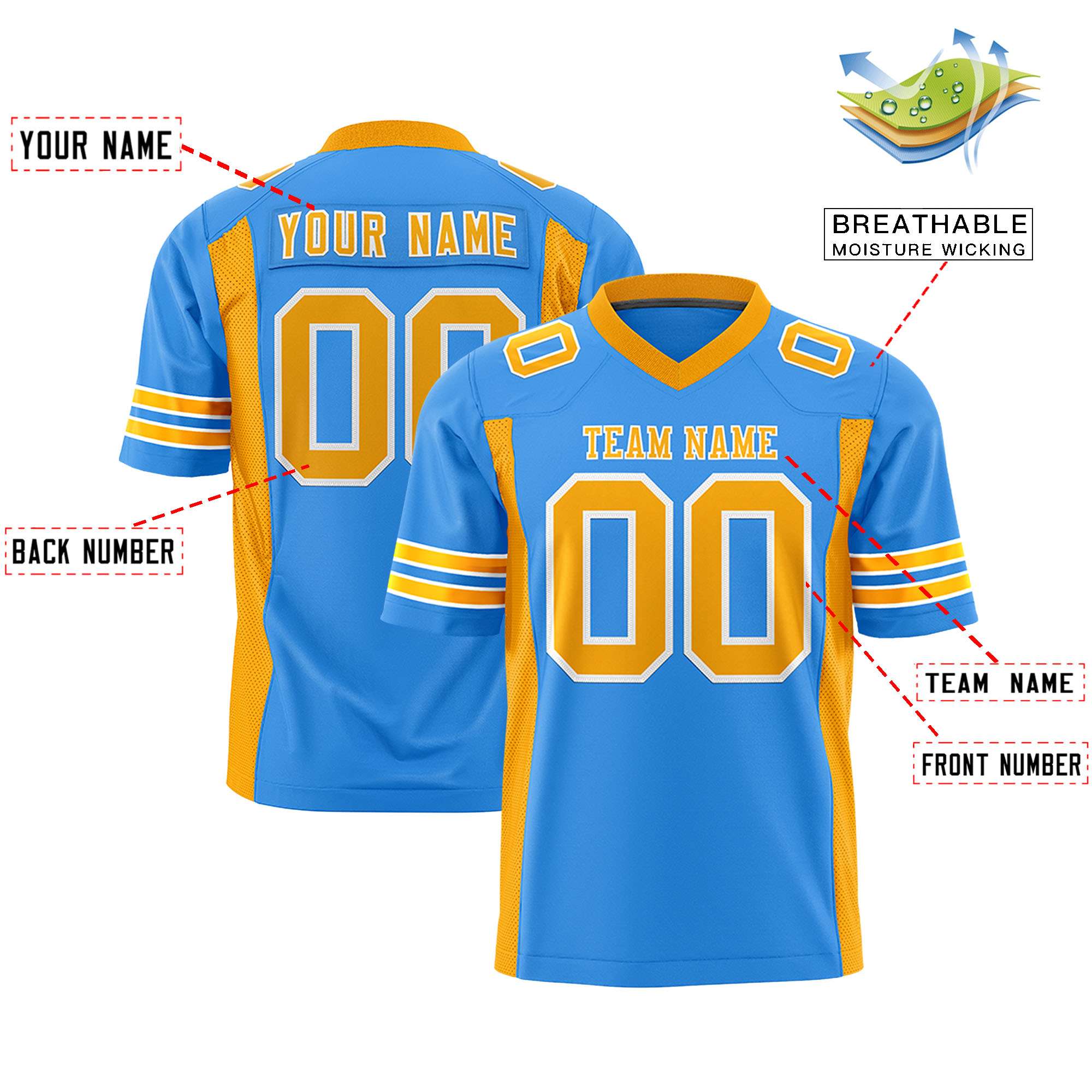 Custom Powder Blue Yellow Personalized Insert Color Design Authentic Football Jersey