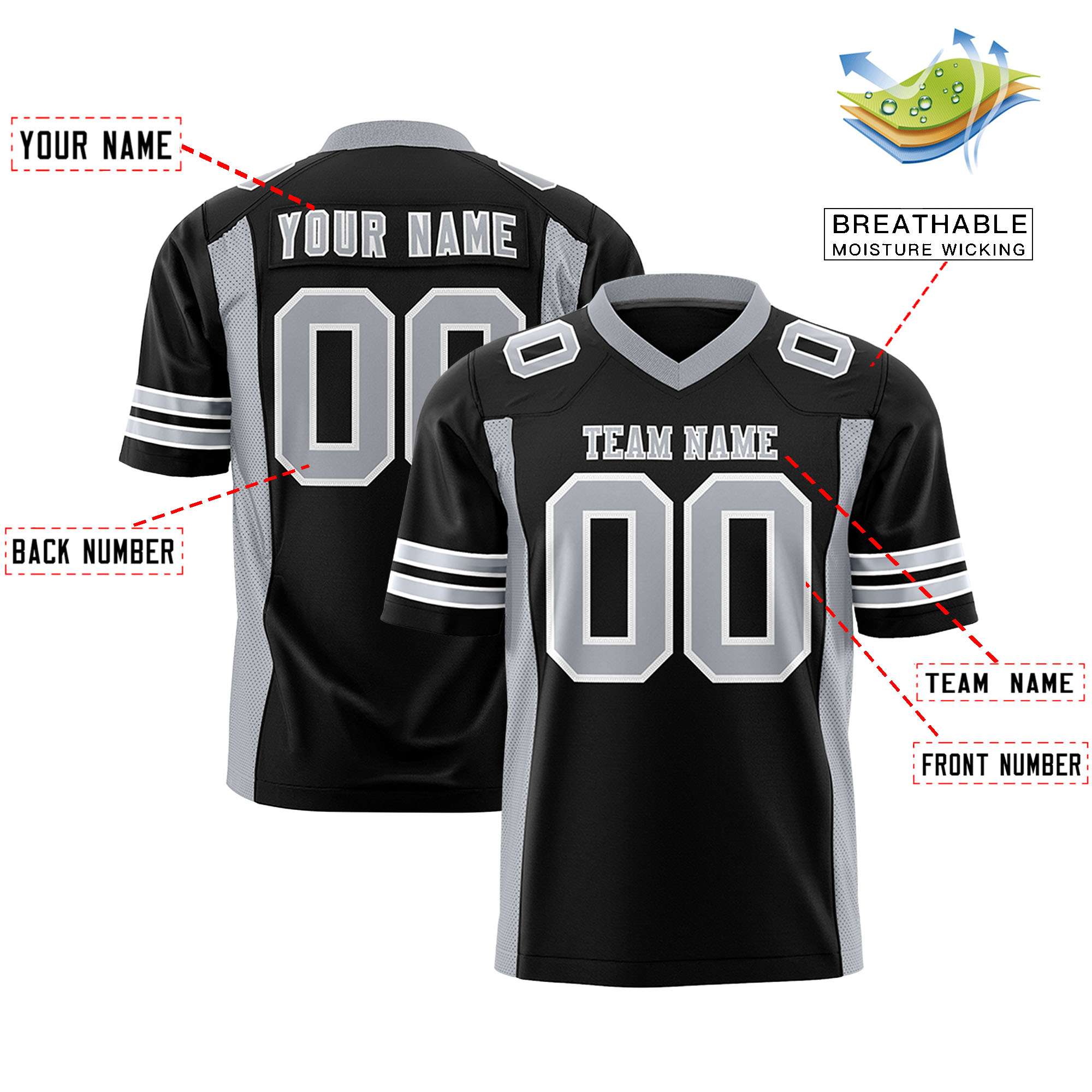 Custom Black Gray Personalized Insert Color Design Authentic Football Jersey