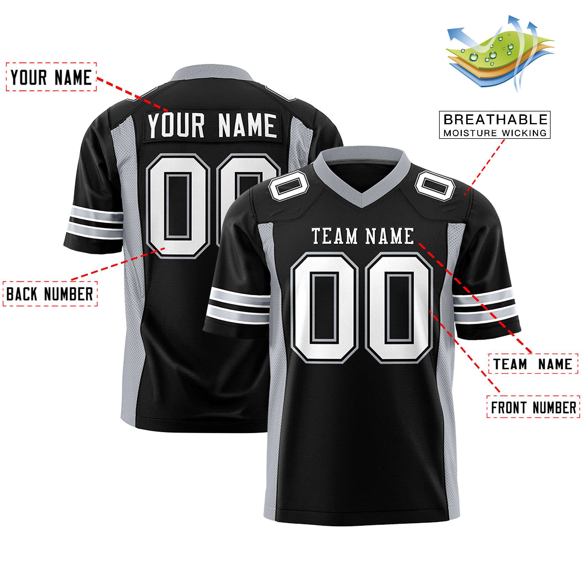 Custom Black Gray Personalized Insert Color Design Authentic Football Jersey