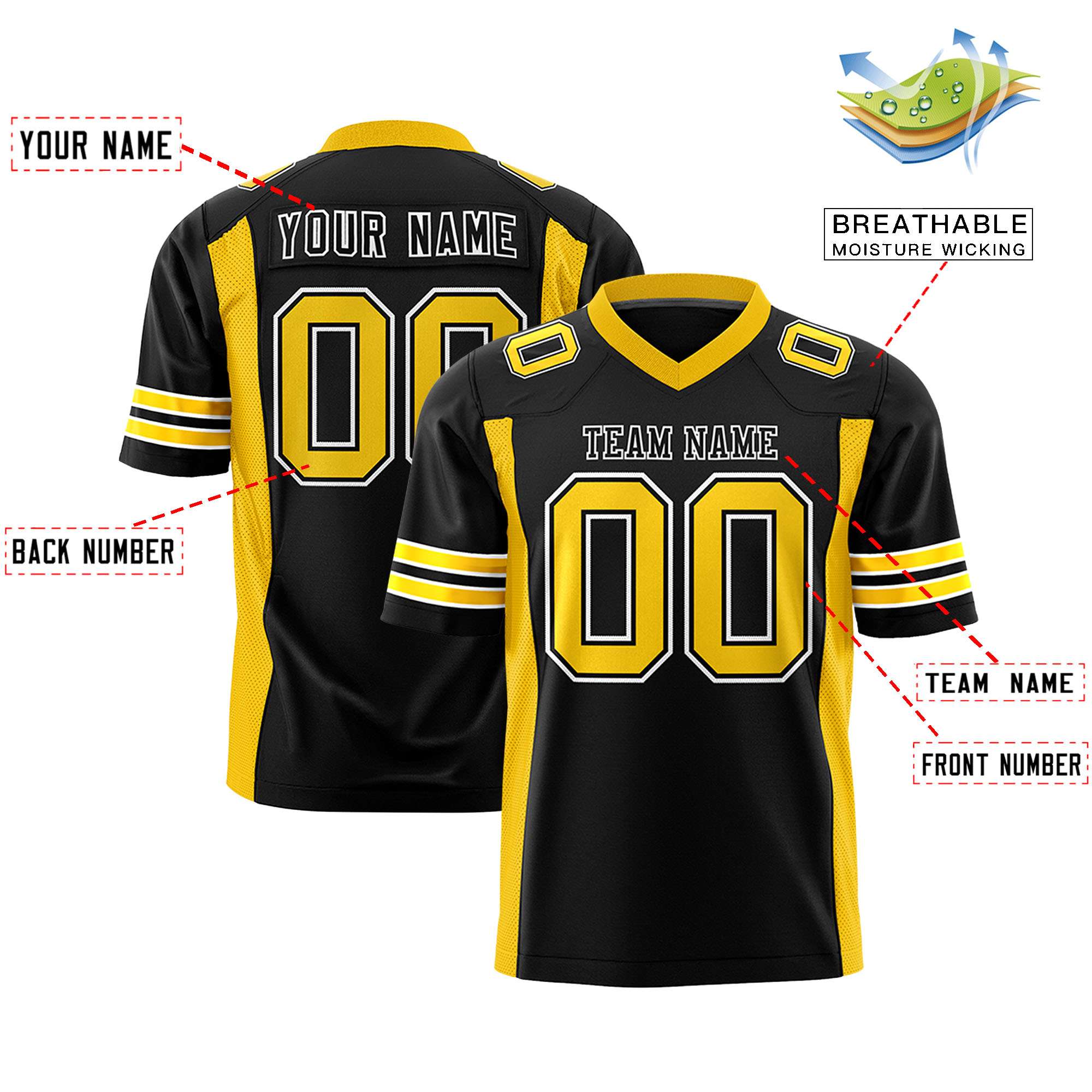 Custom Black Gold Personalized Insert Color Design Authentic Football Jersey