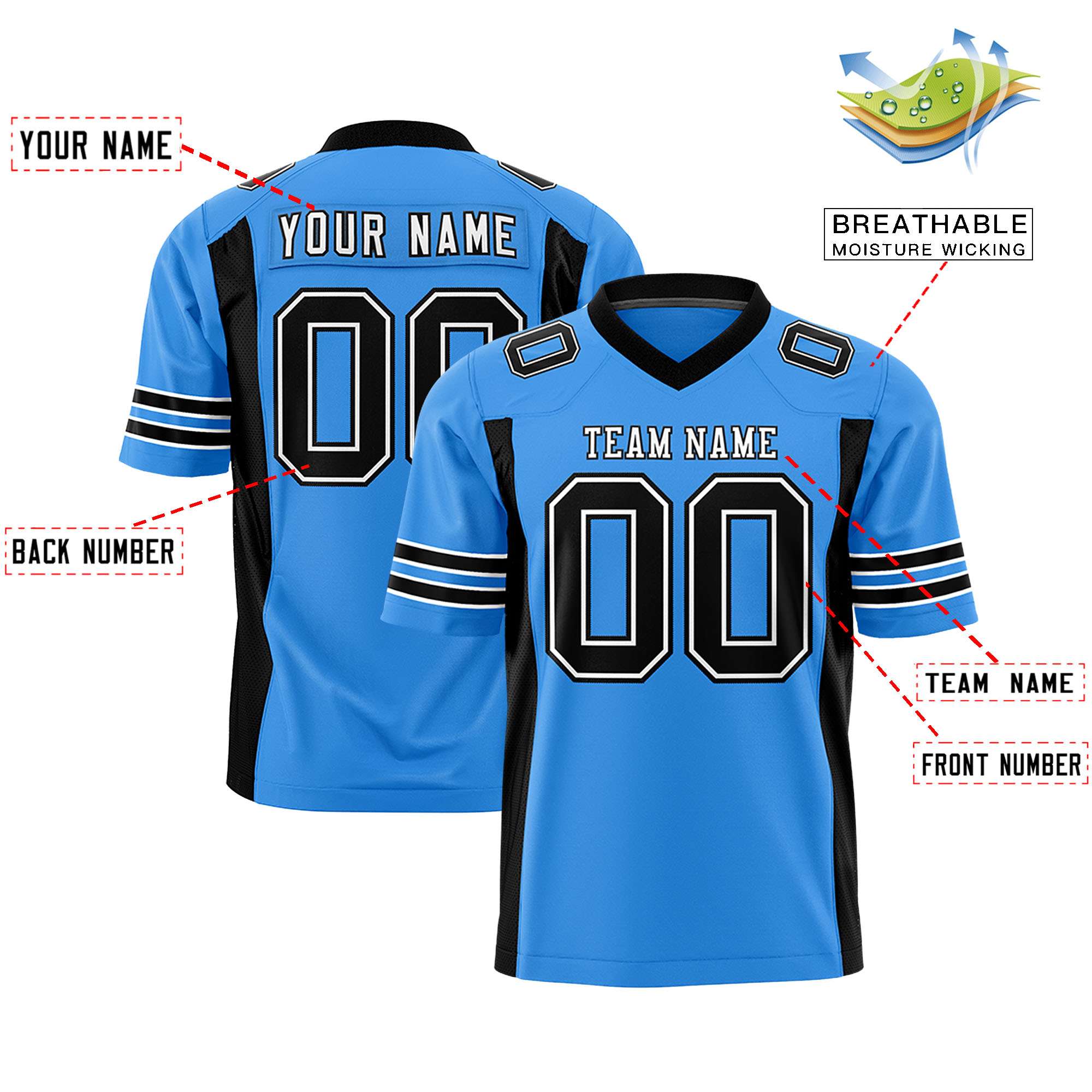 Custom Powder Blue Black Personalized Insert Color Design Authentic Football Jersey