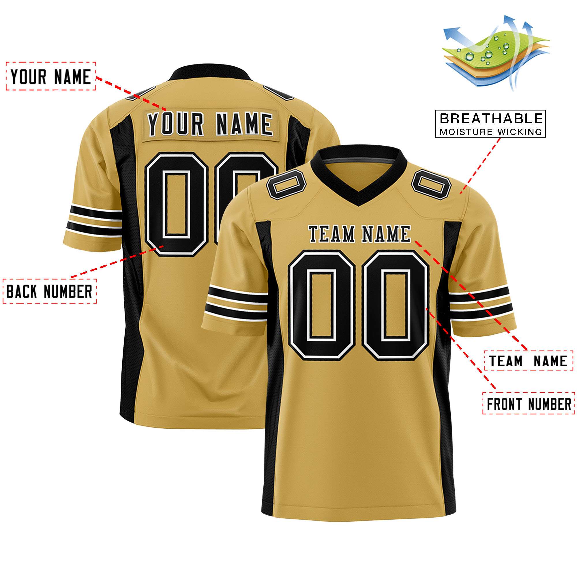 Custom Old Gold Black Personalized Insert Color Design Authentic Football Jersey