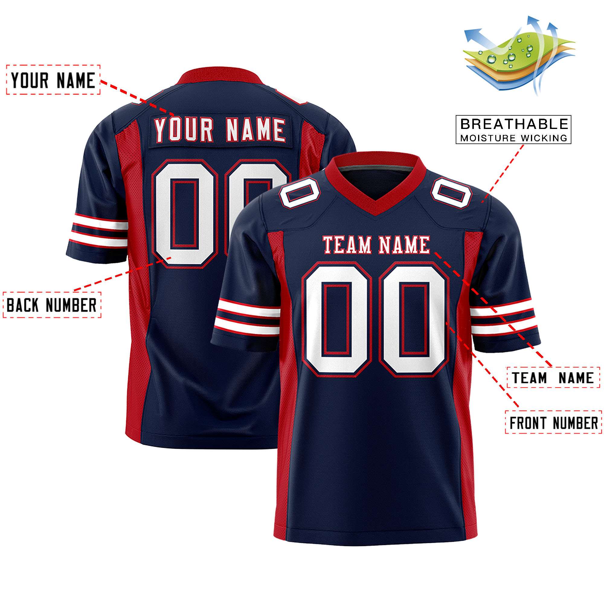 Custom Navy Red Personalized Insert Color Design Authentic Football Jersey