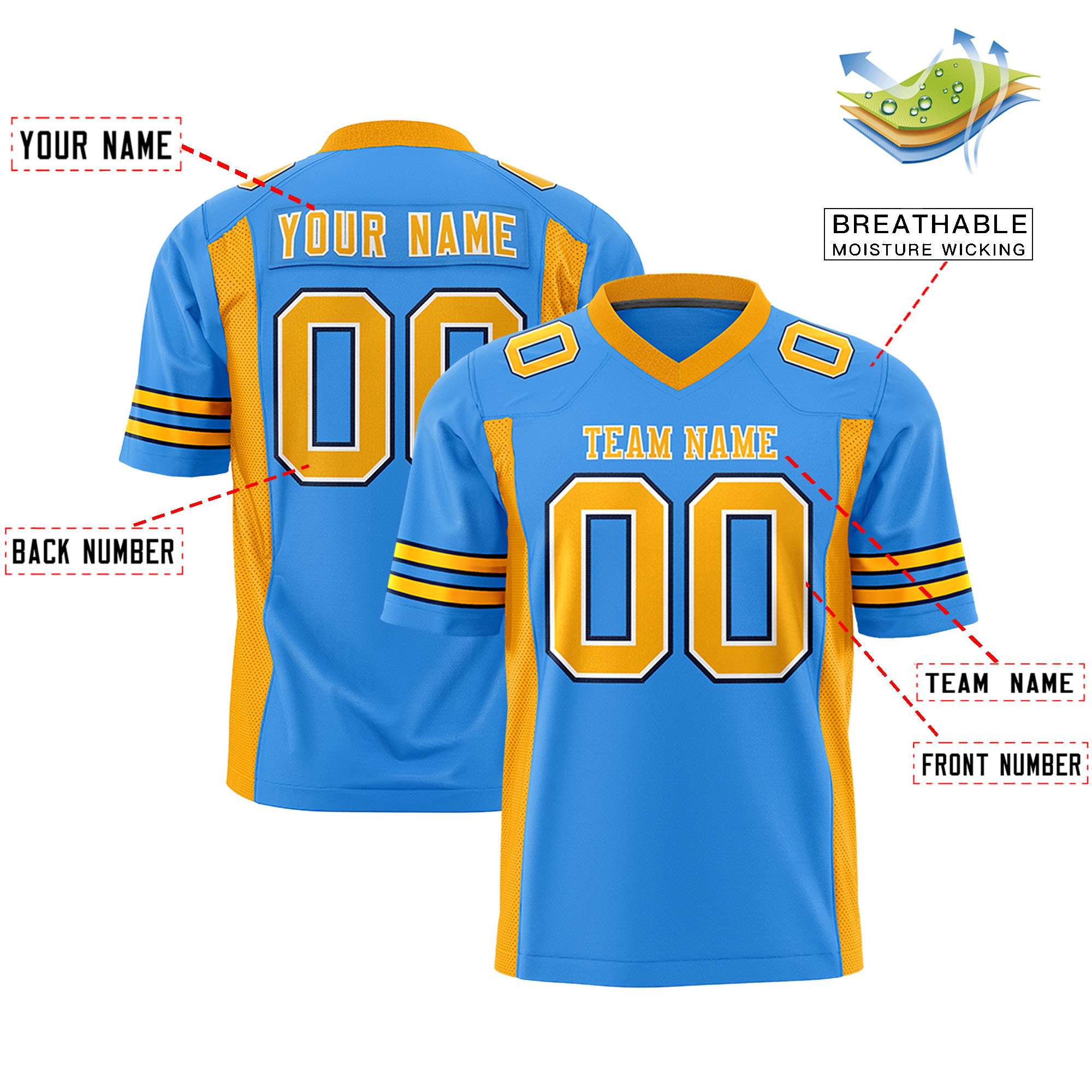 Custom Powder Blue Yellow Personalized Insert Color Design Authentic Football Jersey