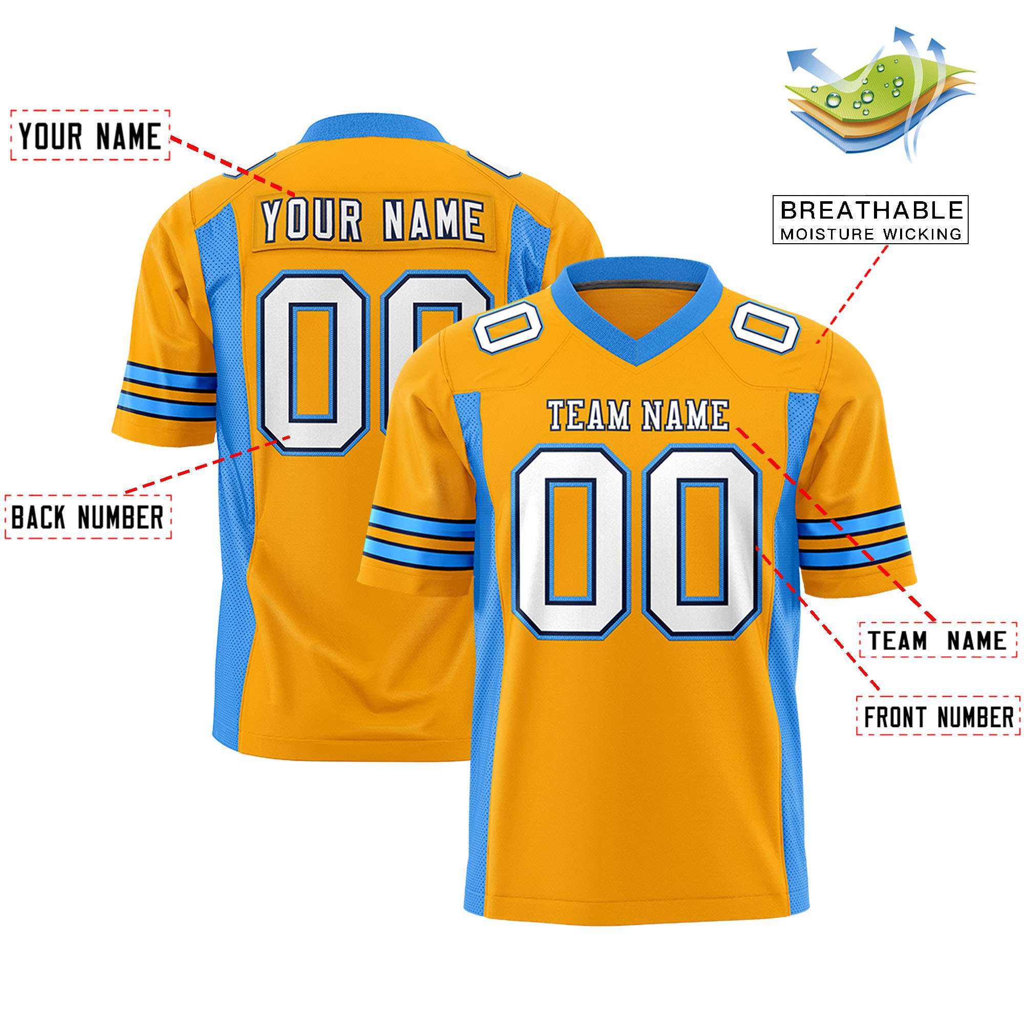 Custom Yellow Powder Blue Personalized Insert Color Design Authentic Football Jersey