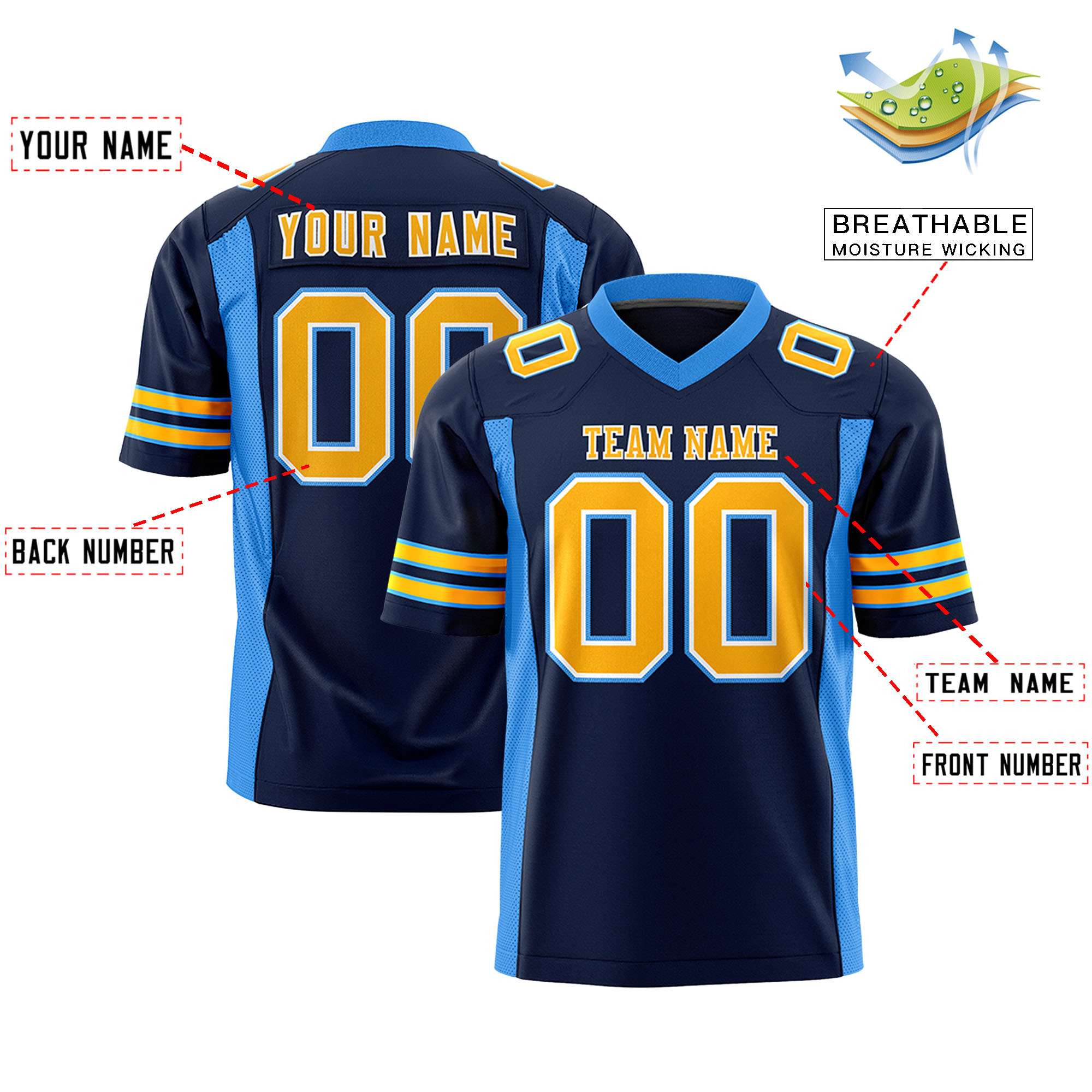 Custom Navy Powder Blue Personalized Insert Color Design Authentic Football Jersey