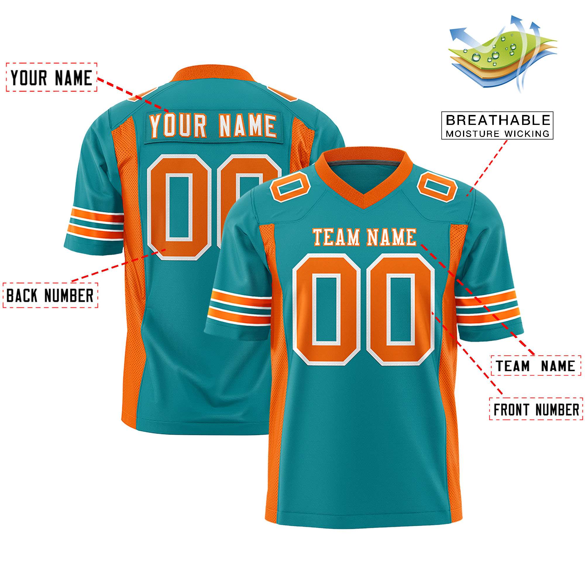 Custom Aqua Orange Personalized Insert Color Design Authentic Football Jersey