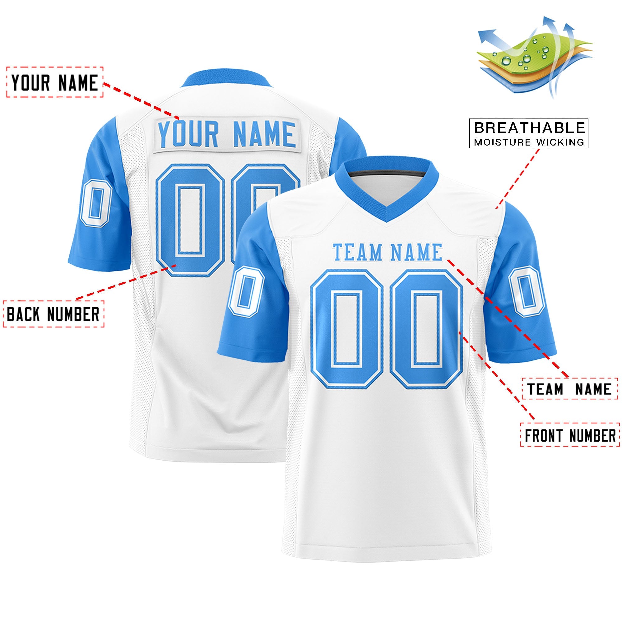 Custom White Powder Blue Personalized Raglan Sleeves Design Authentic Football Jersey