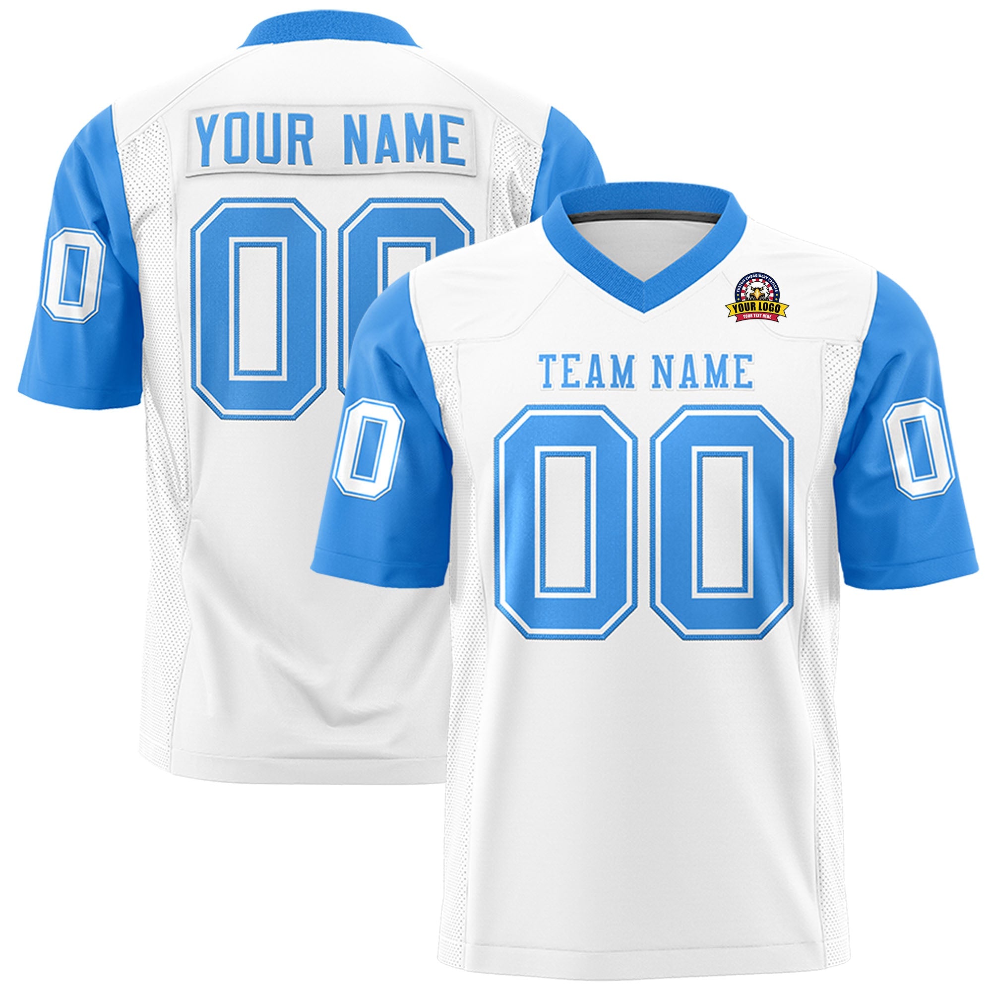 Custom White Powder Blue Personalized Raglan Sleeves Design Authentic Football Jersey