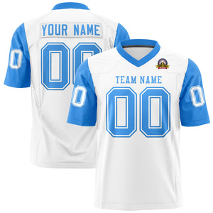 Custom White Powder Blue Personalized Raglan Sleeves Design Authentic Football Jersey