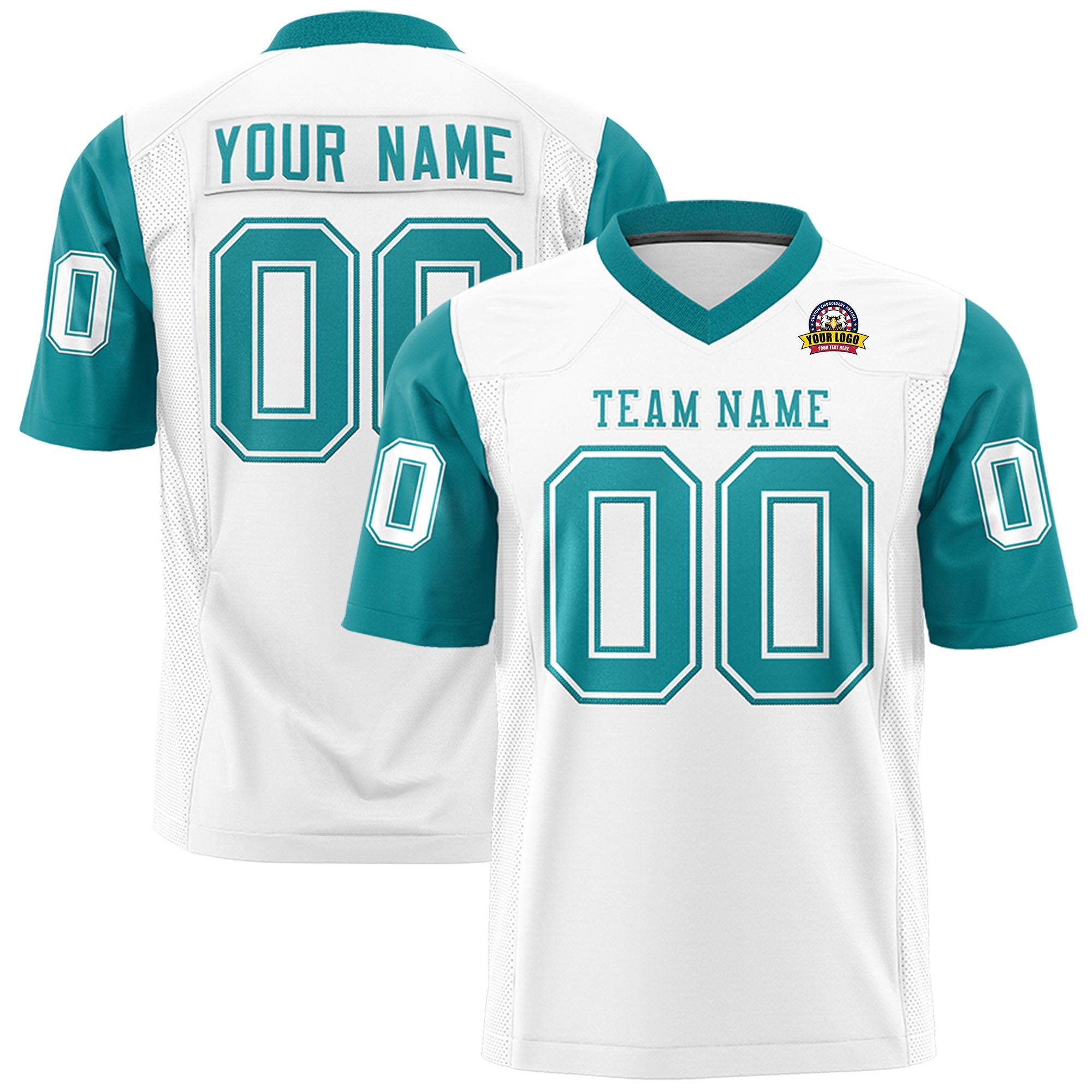 Custom White Aqua Personalized Raglan Sleeves Design Authentic Football Jersey