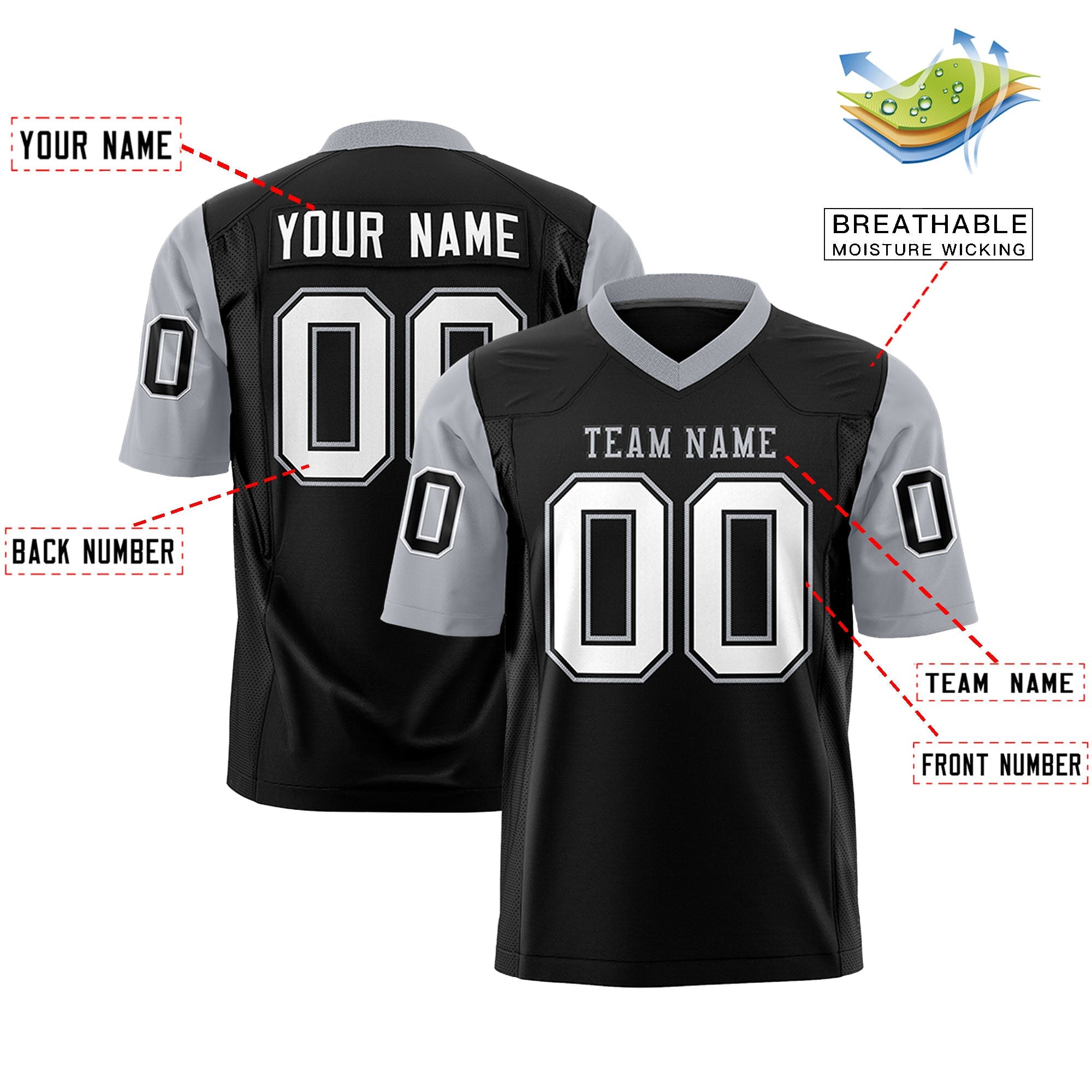 Custom Black Gray Personalized Raglan Sleeves Design Authentic Football Jersey