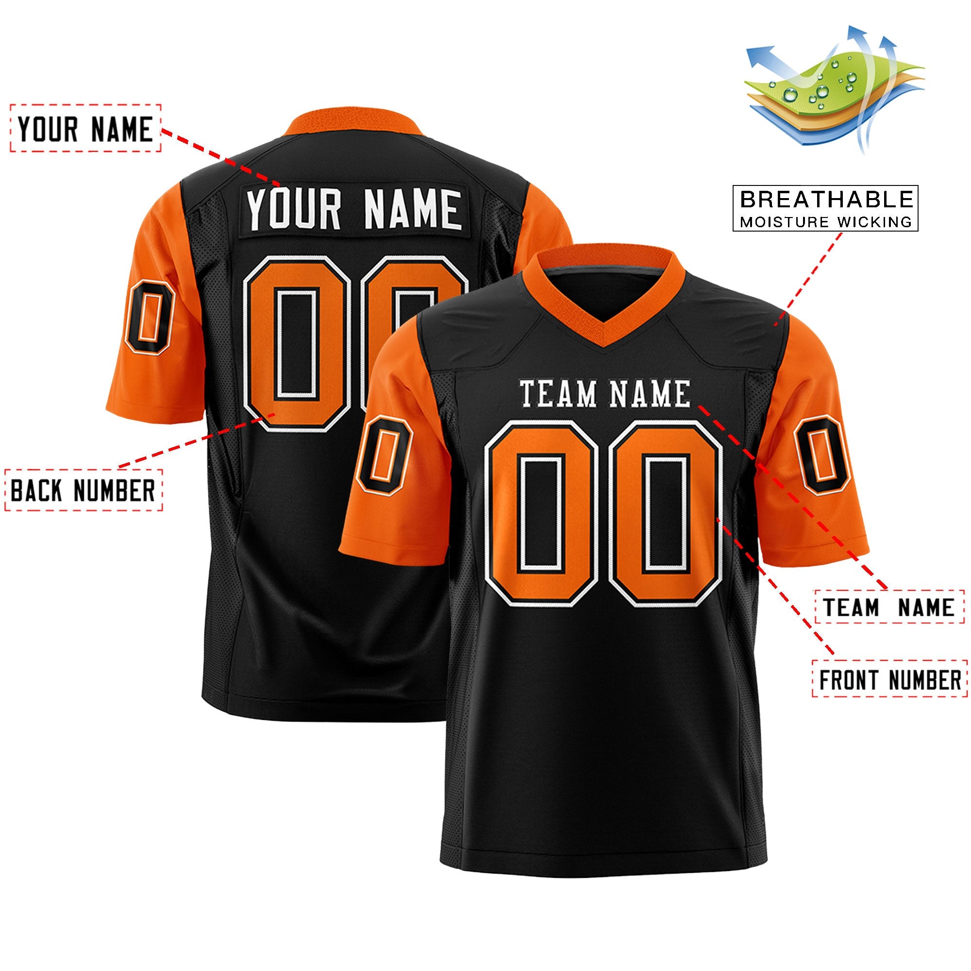 Custom Black Orange Personalized Raglan Sleeves Design Authentic Football Jersey