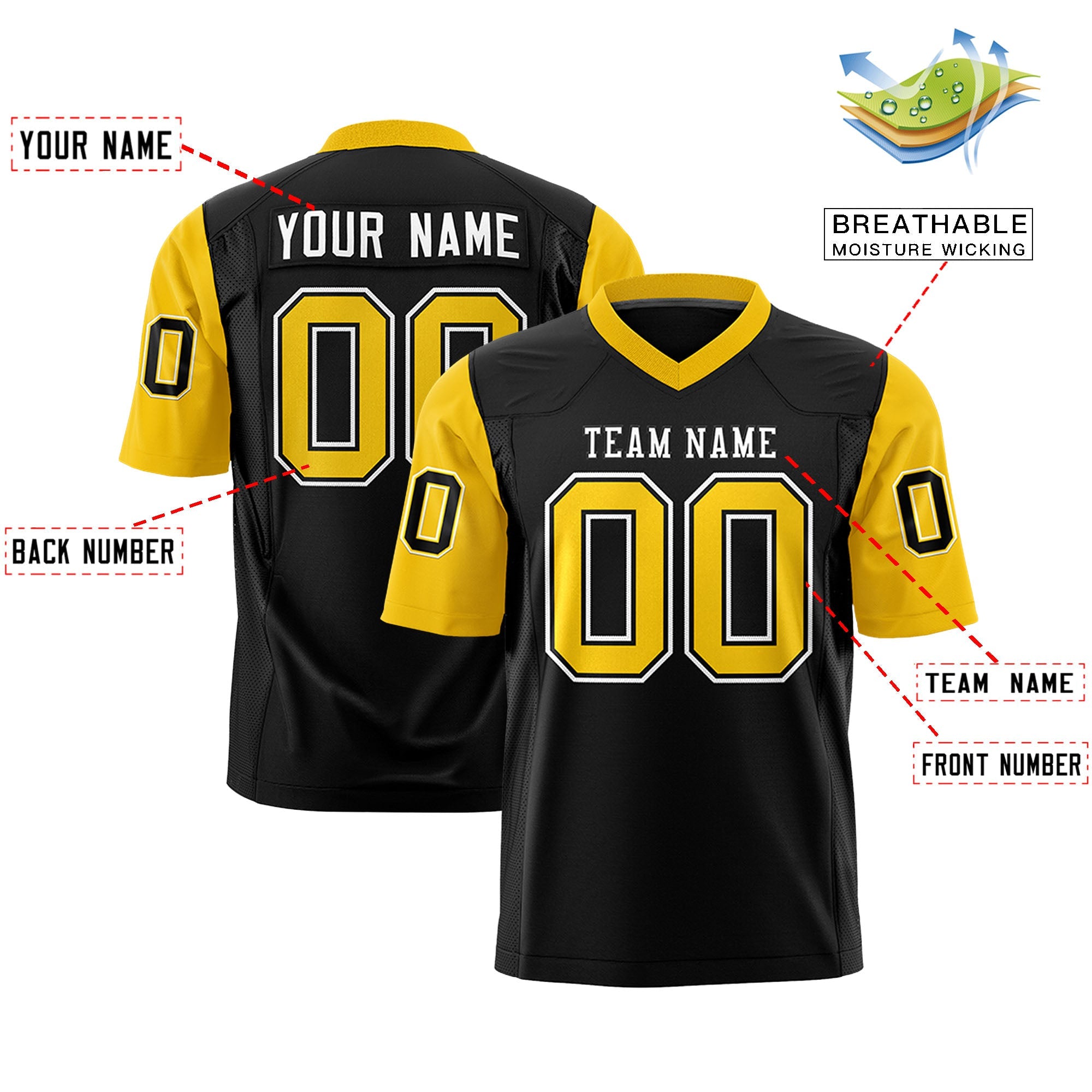 Custom Black Gold Personalized Raglan Sleeves Design Authentic Football Jersey