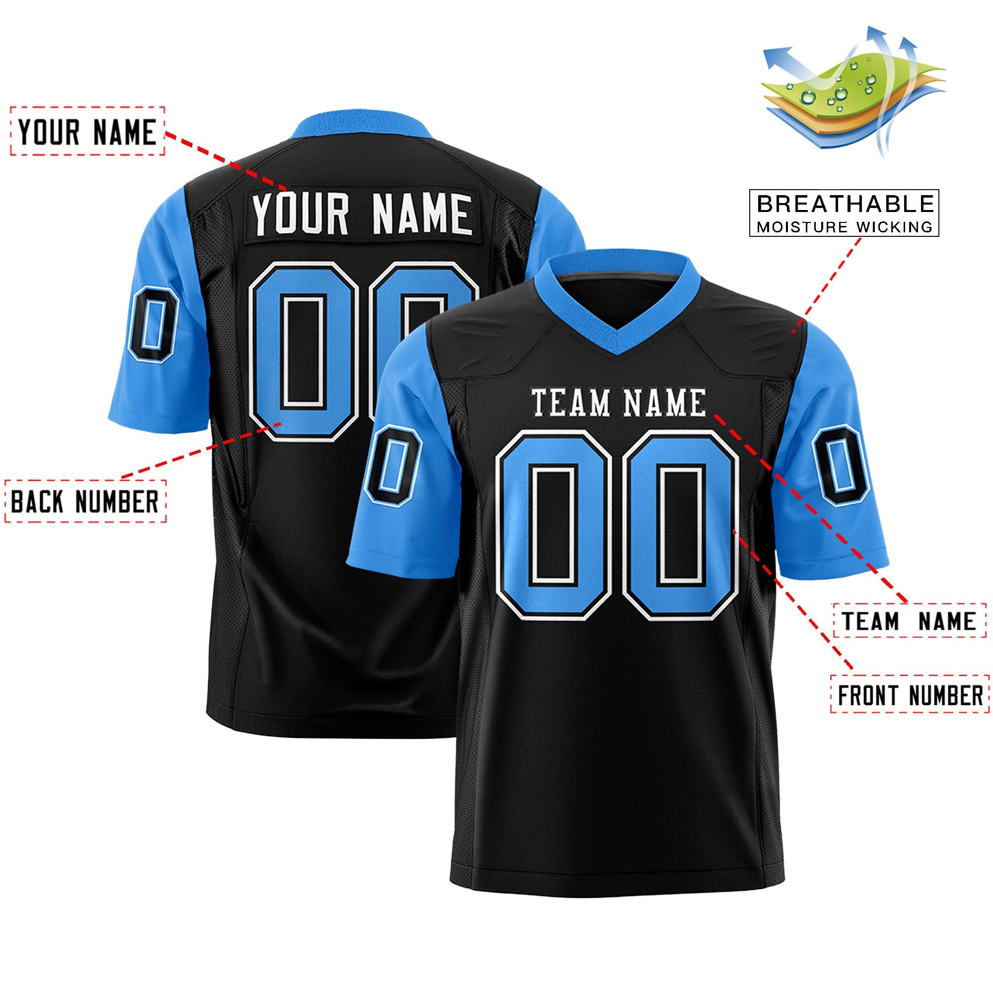 Custom Black Powder Blue Personalized Raglan Sleeves Design Authentic Football Jersey