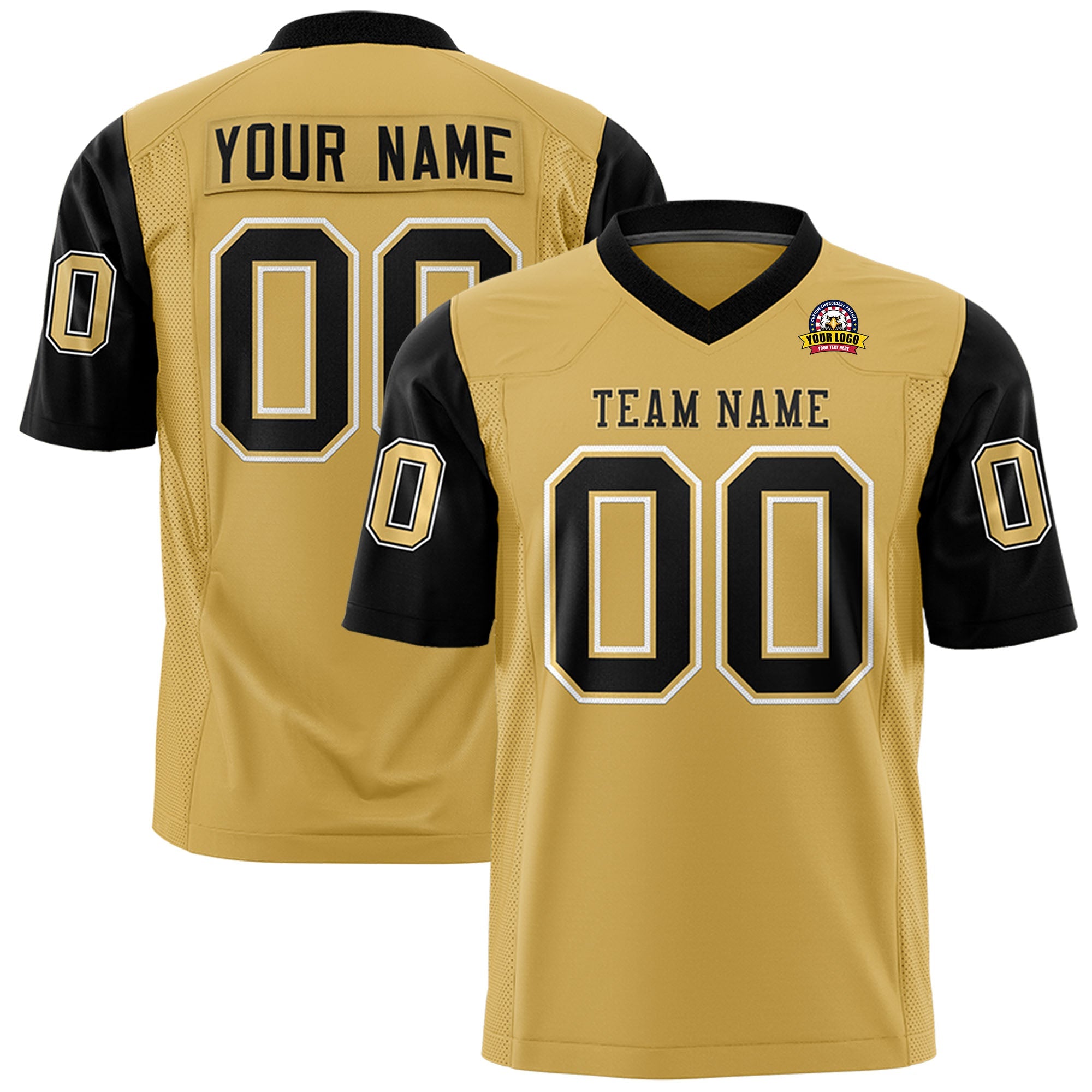 Custom Old Gold Black Personalized Raglan Sleeves Design Authentic Football Jersey