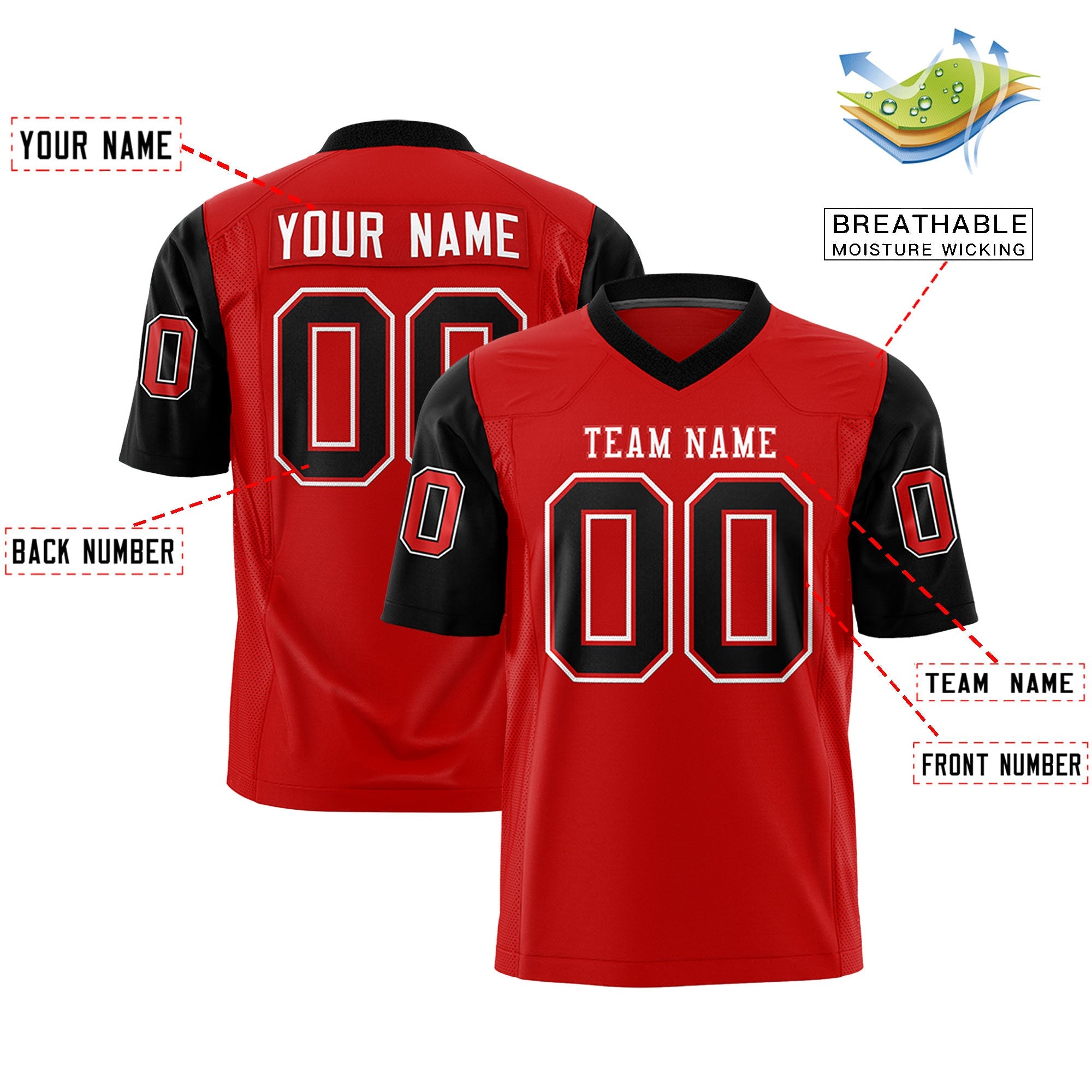 Custom Red Black Personalized Raglan Sleeves Design Authentic Football Jersey