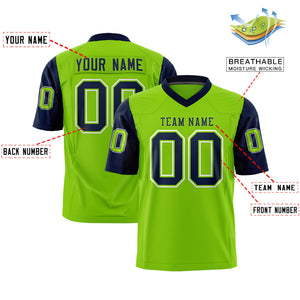 Custom Neon Green Navy Personalized Raglan Sleeves Design Authentic Football Jersey