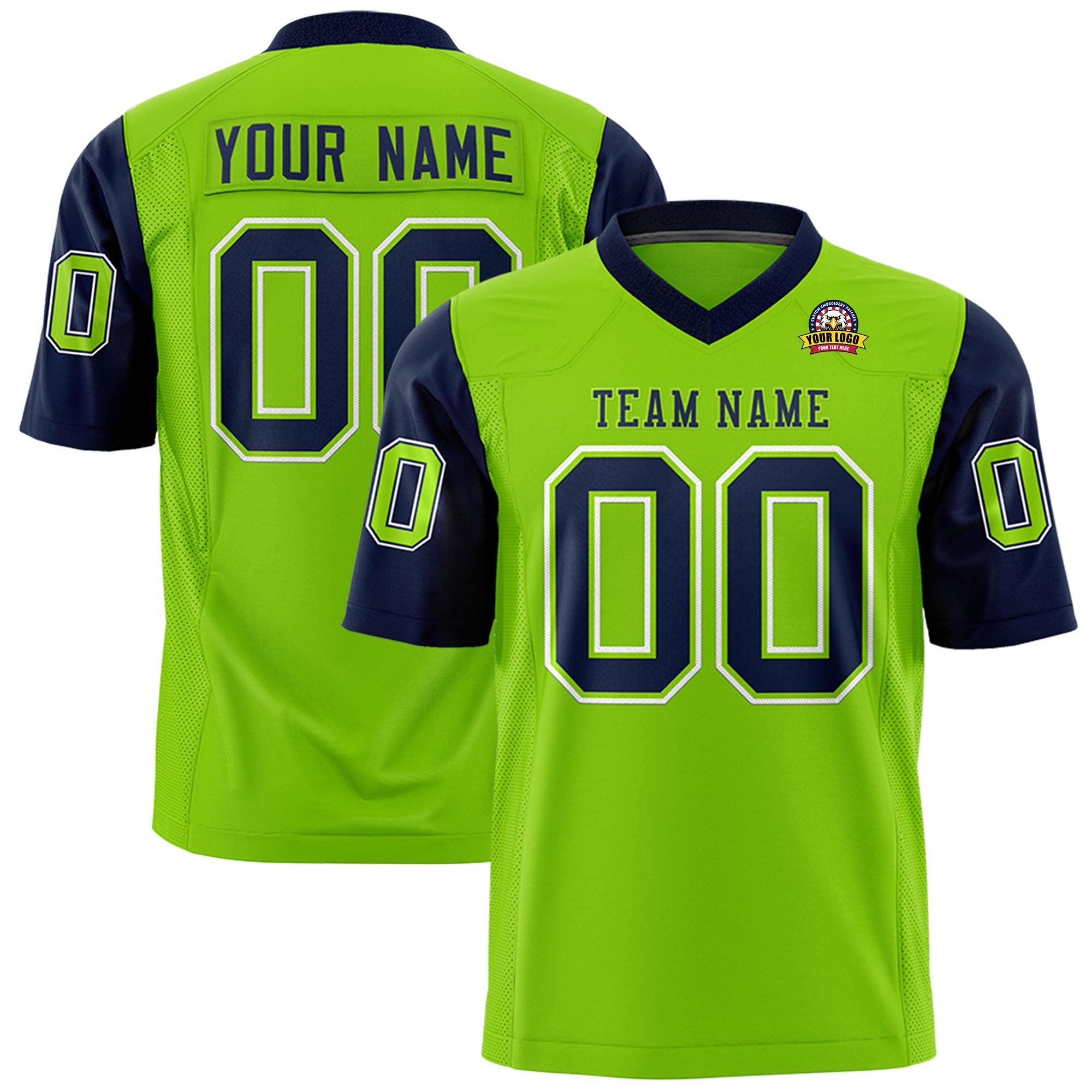 Custom Neon Green Navy Personalized Raglan Sleeves Design Authentic Football Jersey