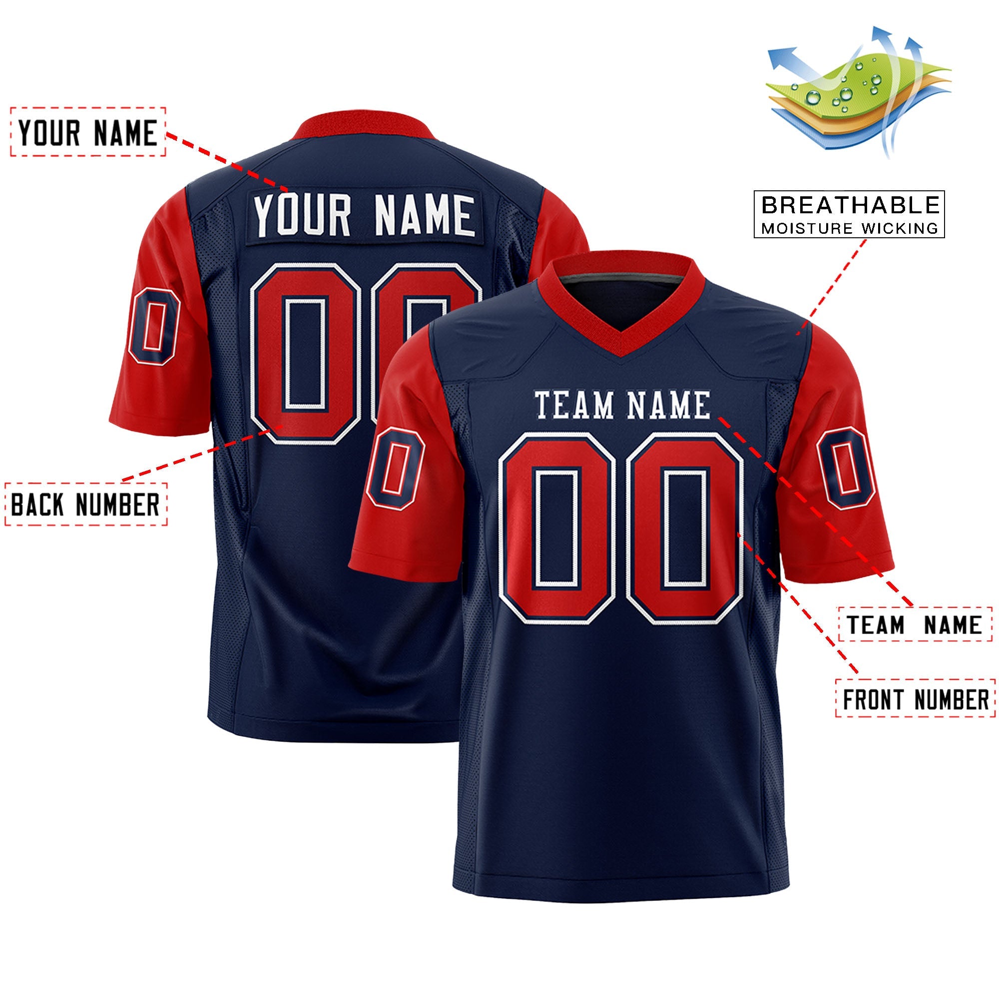 Custom Navy Red Personalized Raglan Sleeves Design Authentic Football Jersey