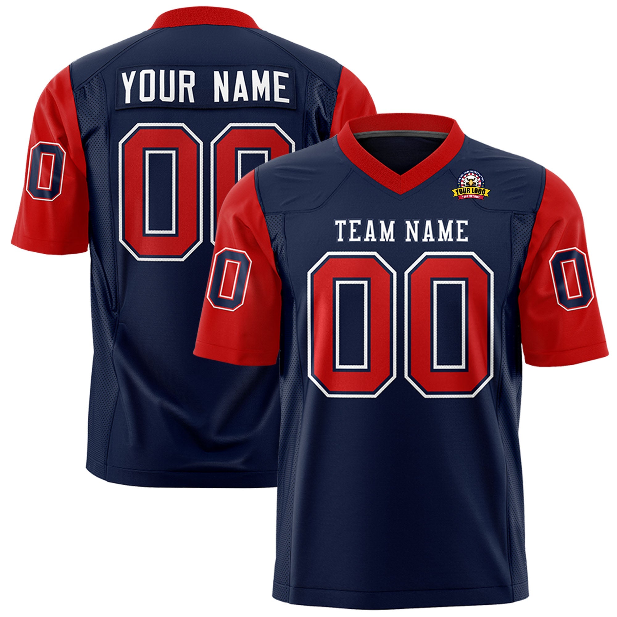 Custom Navy Red Personalized Raglan Sleeves Design Authentic Football Jersey