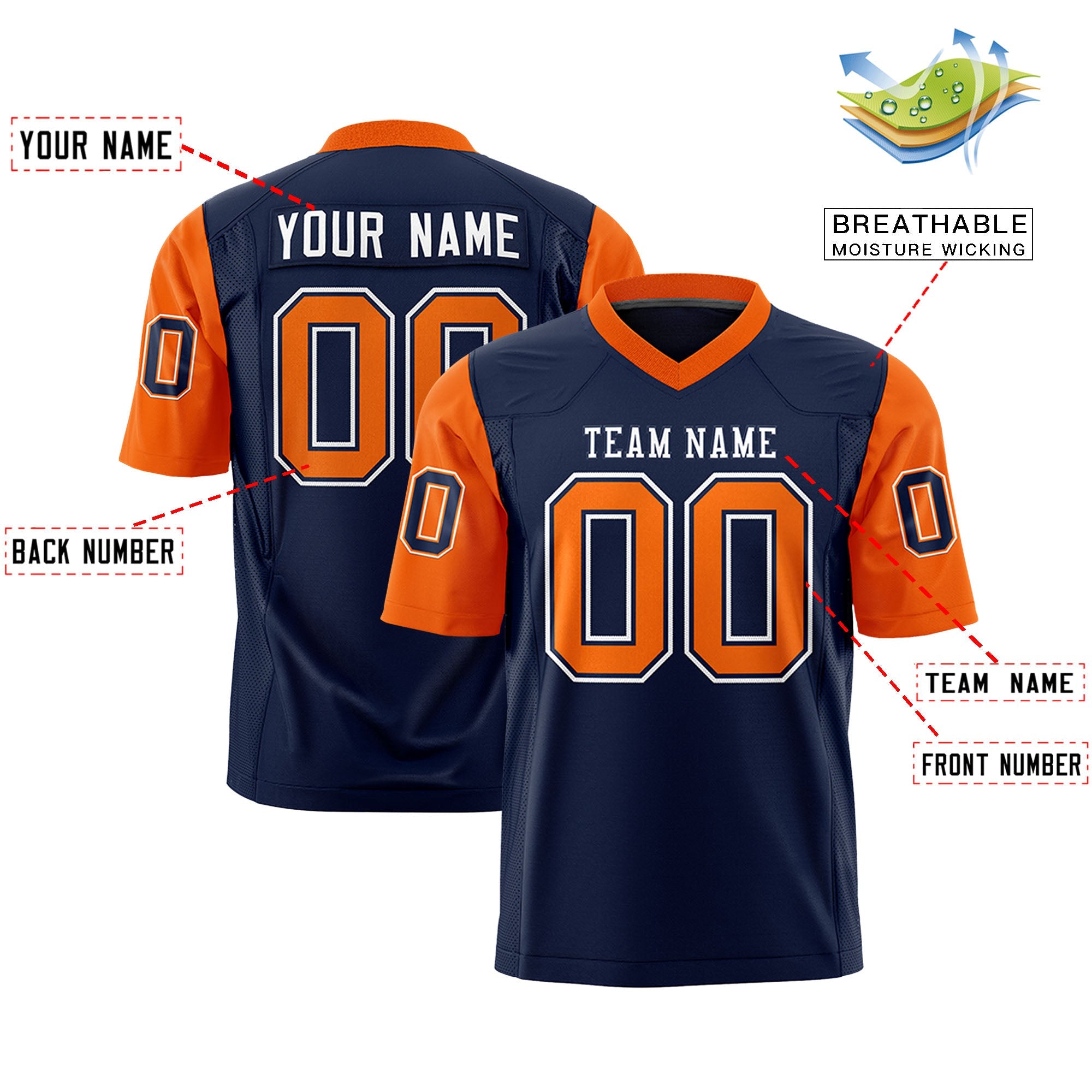 Custom Navy Orange Personalized Raglan Sleeves Design Authentic Football Jersey