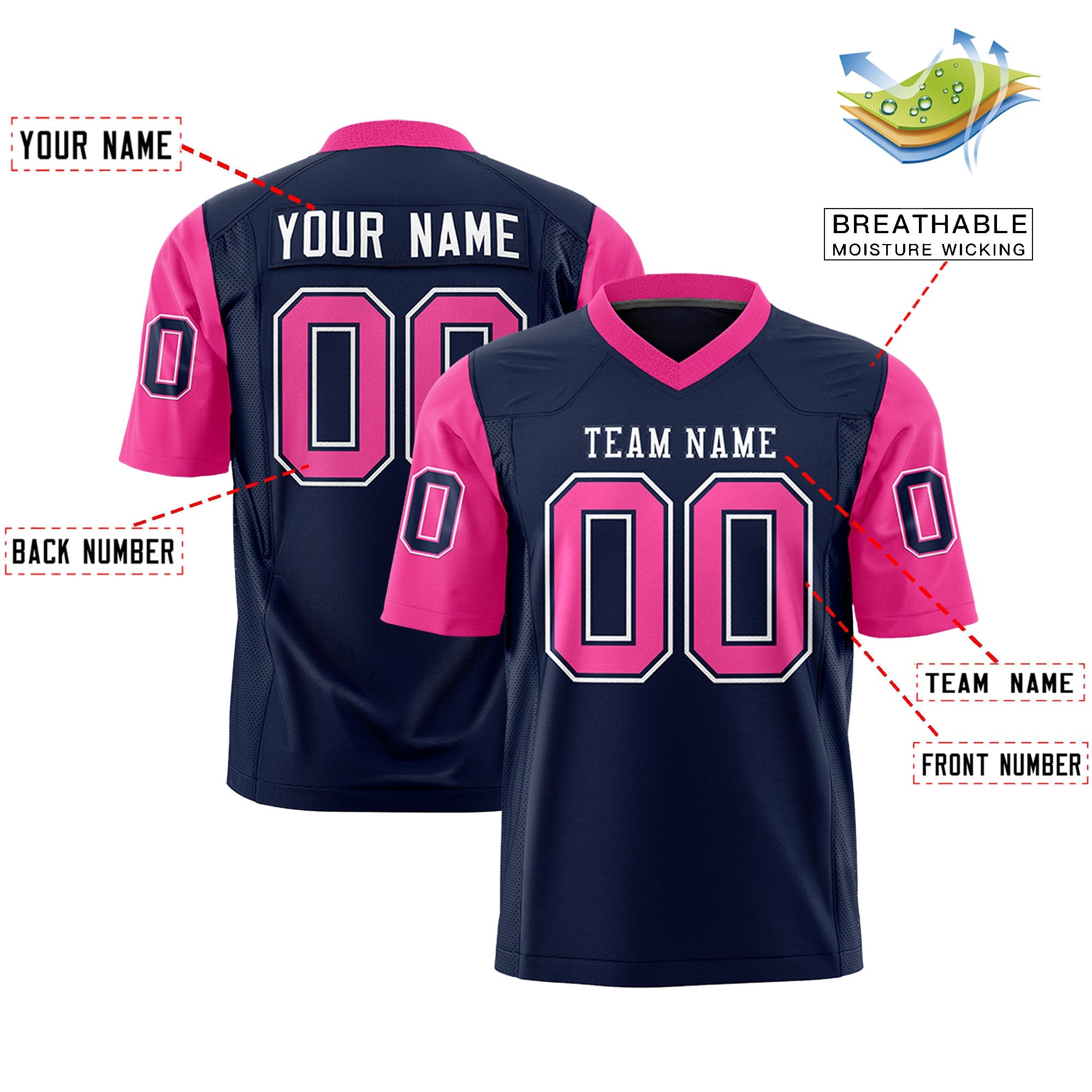 Custom Navy Pink Personalized Raglan Sleeves Design Authentic Football Jersey