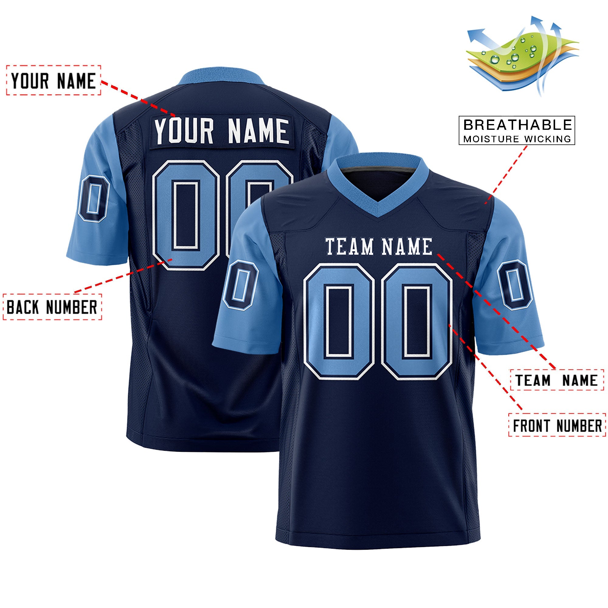 Custom Navy Light Blue Personalized Raglan Sleeves Design Authentic Football Jersey