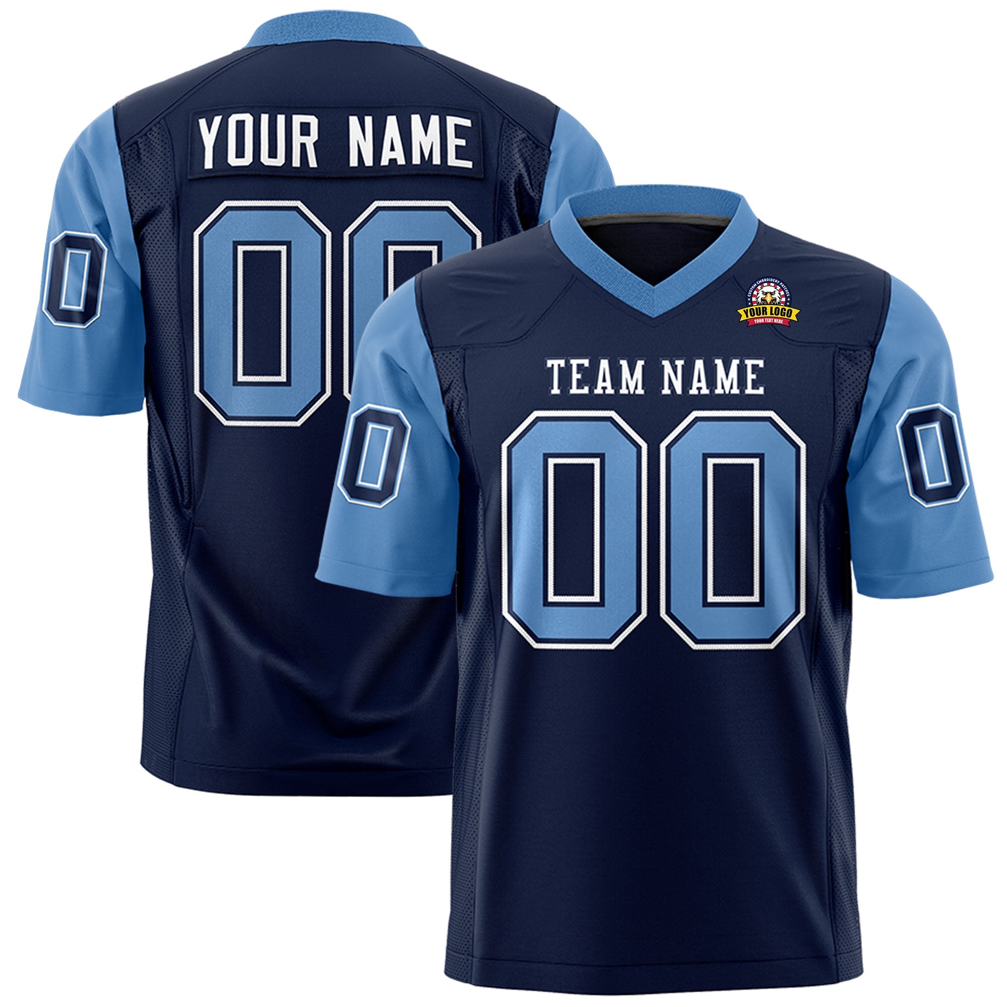 Custom Navy Light Blue Personalized Raglan Sleeves Design Authentic Football Jersey