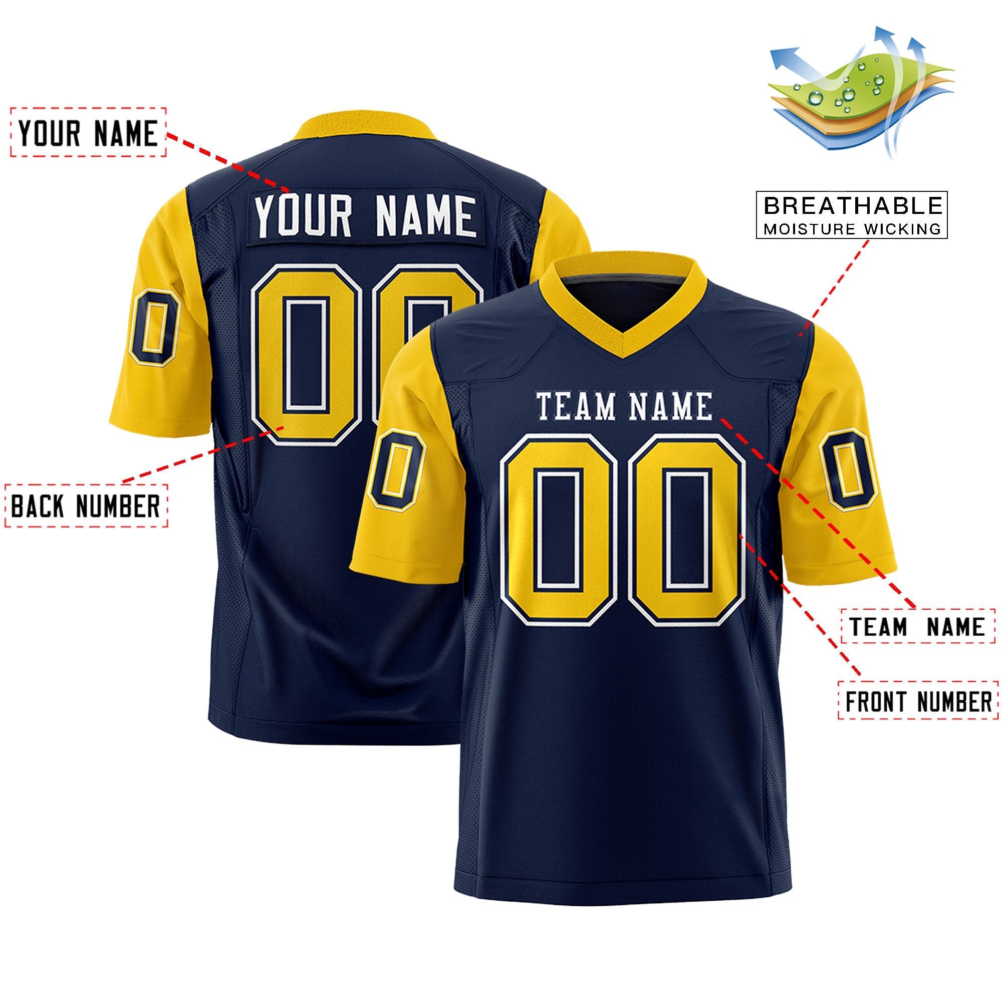 Custom Navy Gold Personalized Raglan Sleeves Design Authentic Football Jersey