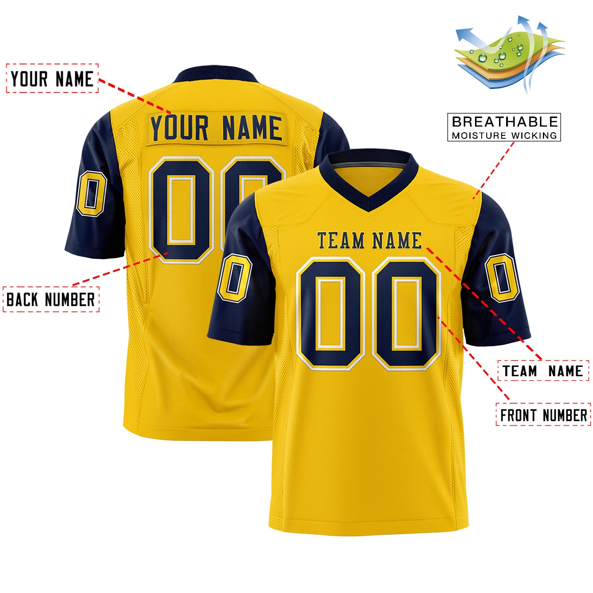 Custom Gold Navy Personalized Raglan Sleeves Design Authentic Football Jersey