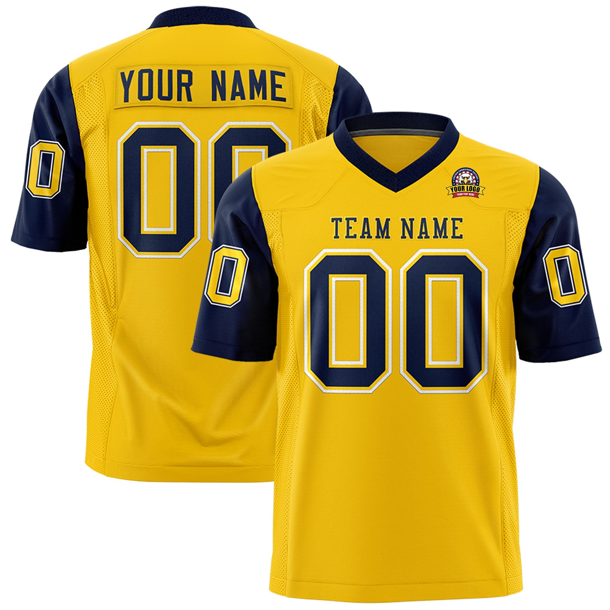 Custom Gold Navy Personalized Raglan Sleeves Design Authentic Football Jersey