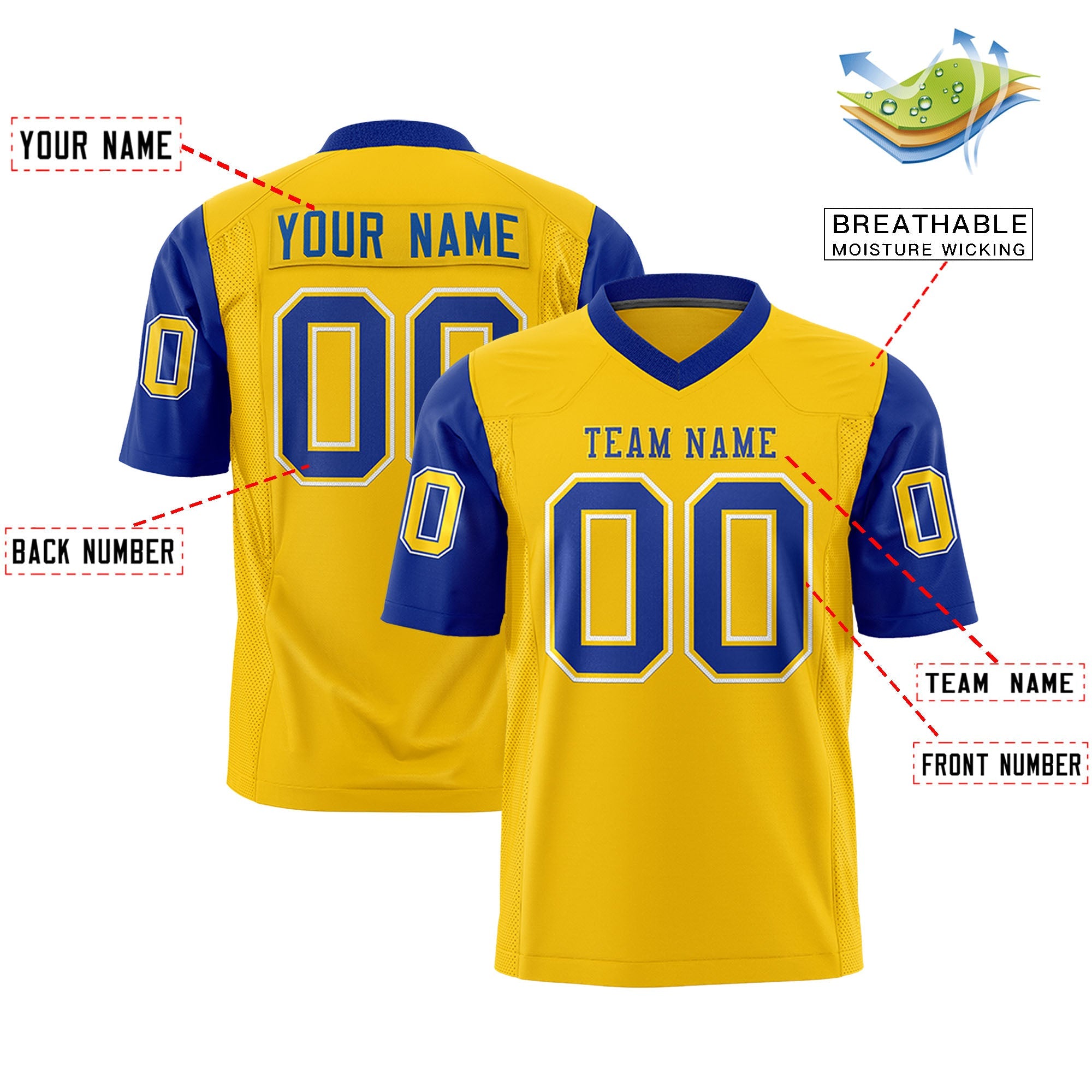 Custom Gold Royal Personalized Raglan Sleeves Design Authentic Football Jersey