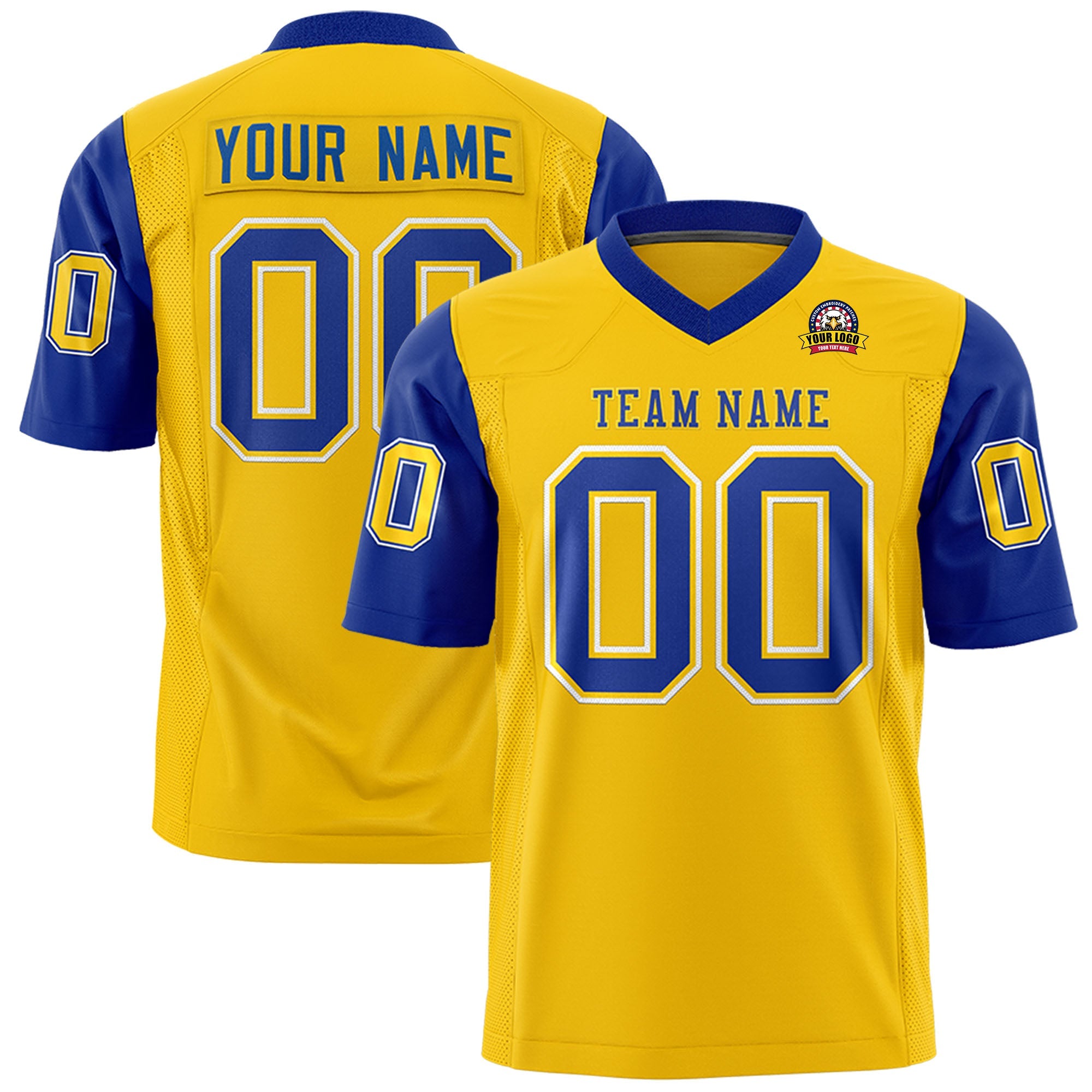 Custom Gold Royal Personalized Raglan Sleeves Design Authentic Football Jersey