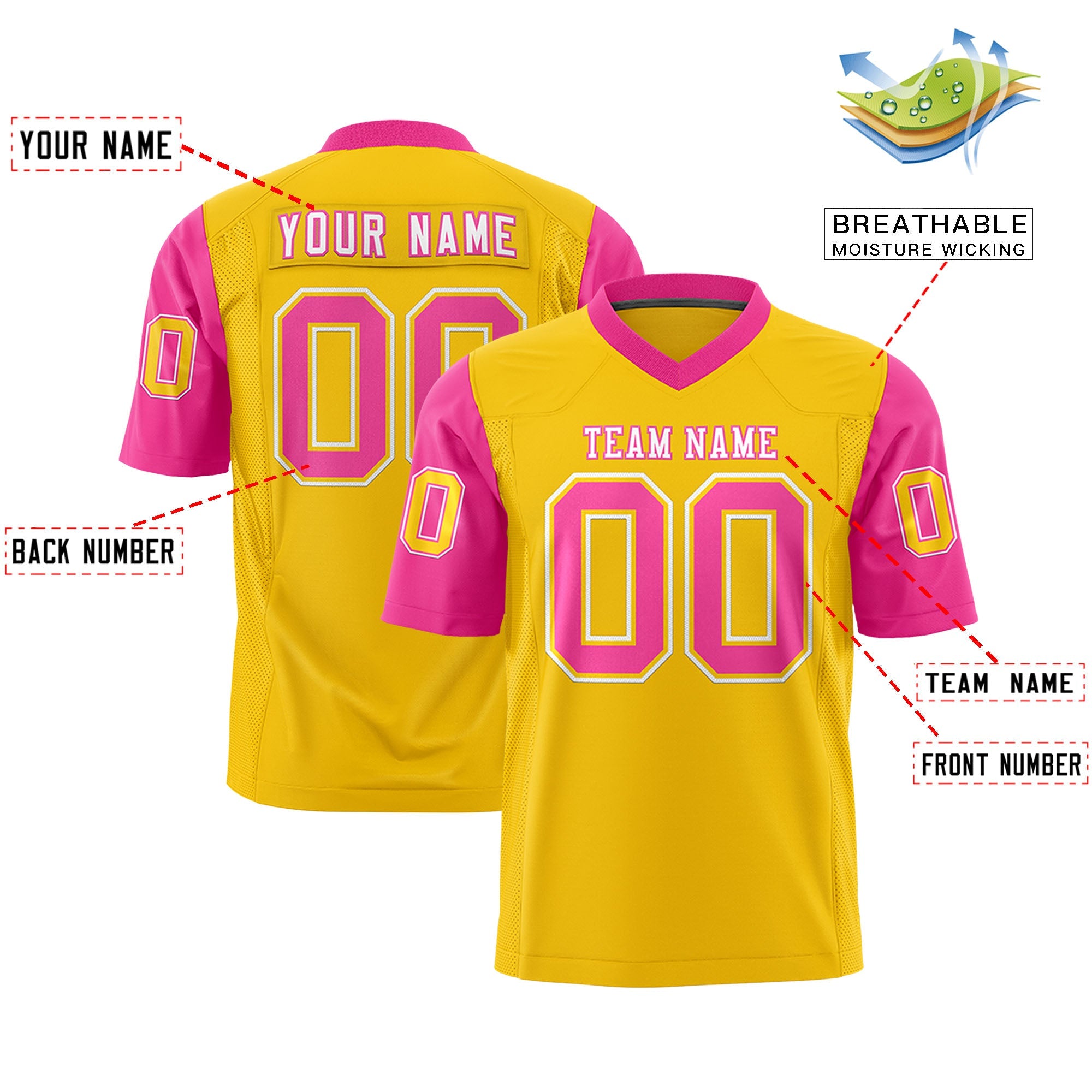 Custom Gold Pink Personalized Raglan Sleeves Design Authentic Football Jersey