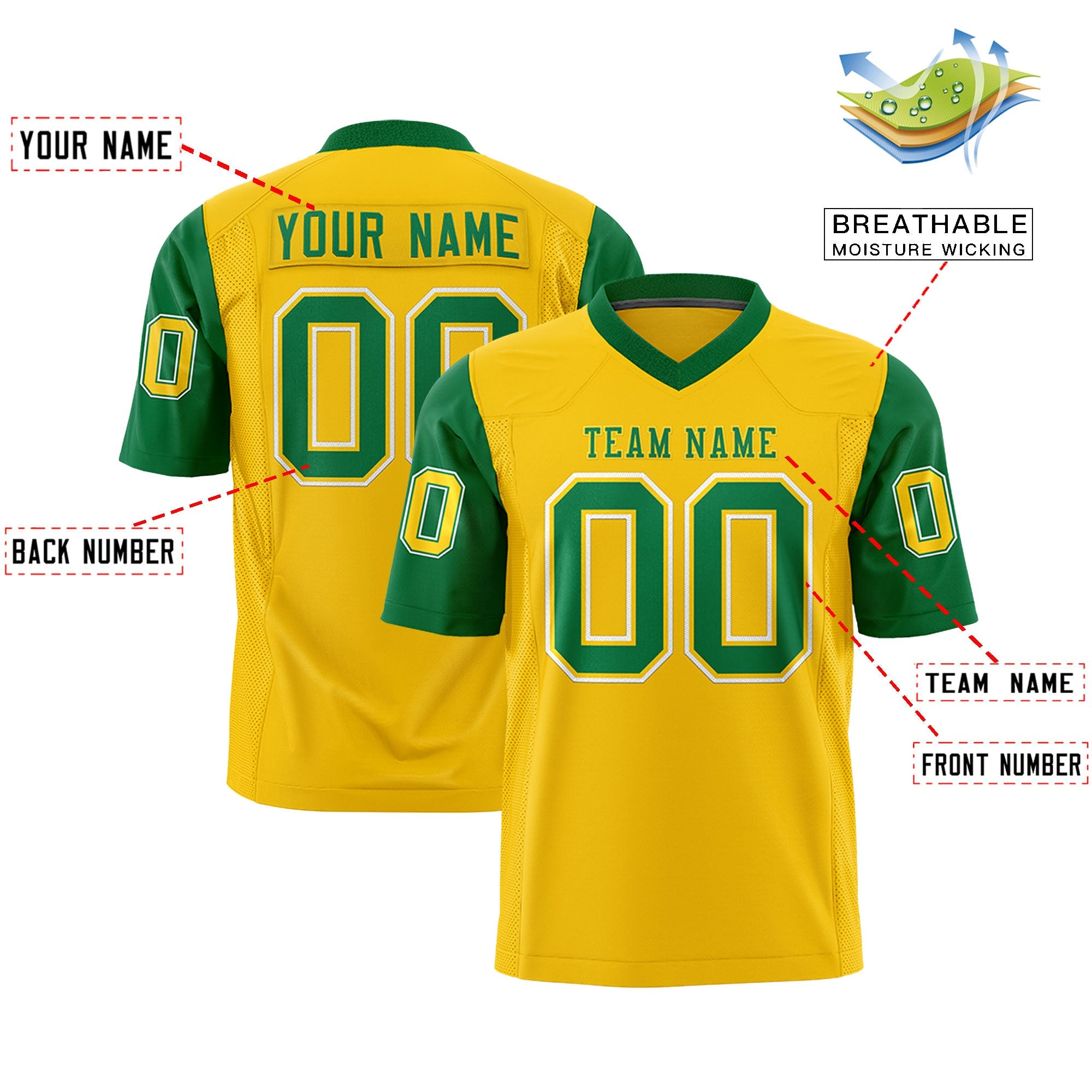 Custom Gold Kelly Green Personalized Raglan Sleeves Design Authentic Football Jersey