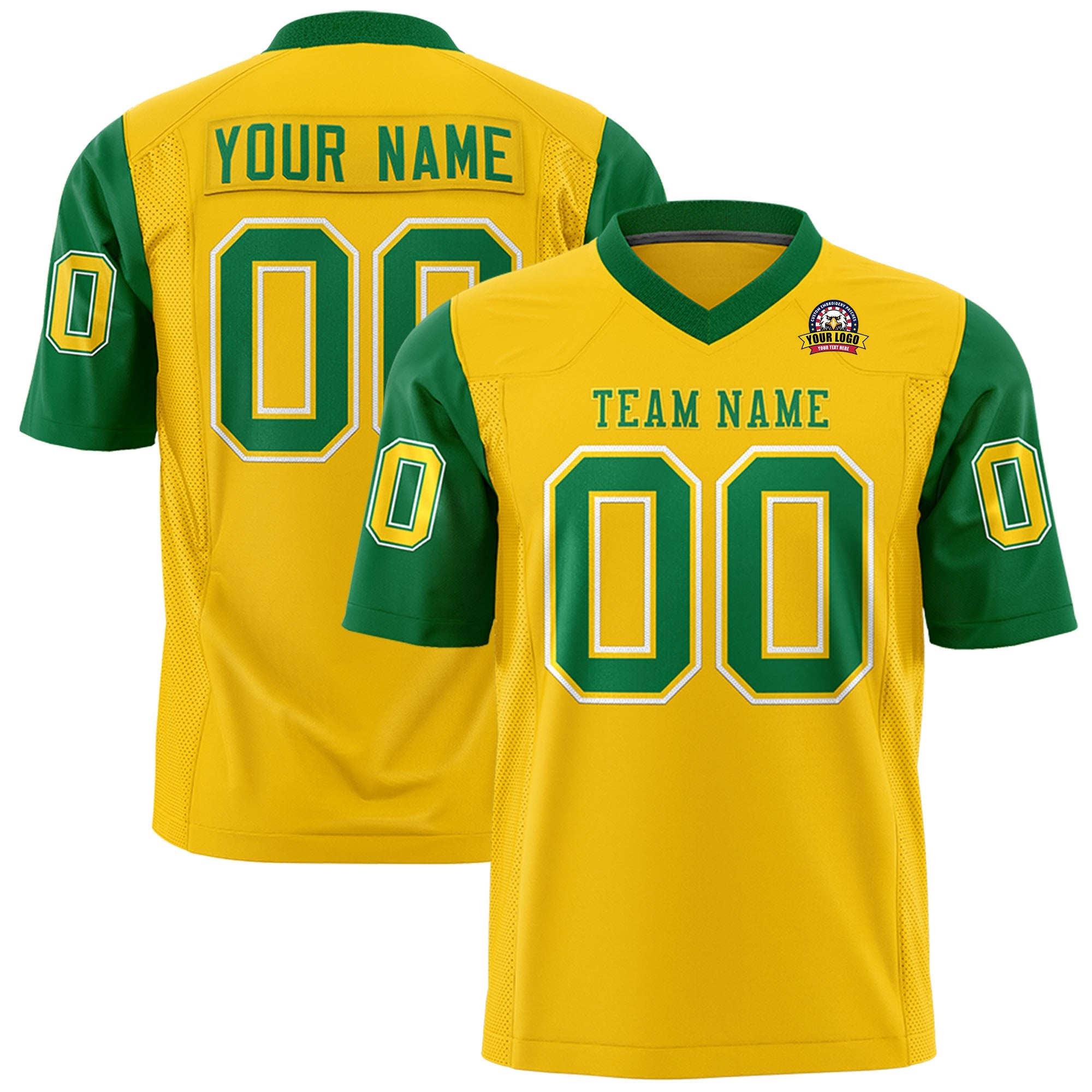 Custom Gold Kelly Green Personalized Raglan Sleeves Design Authentic Football Jersey