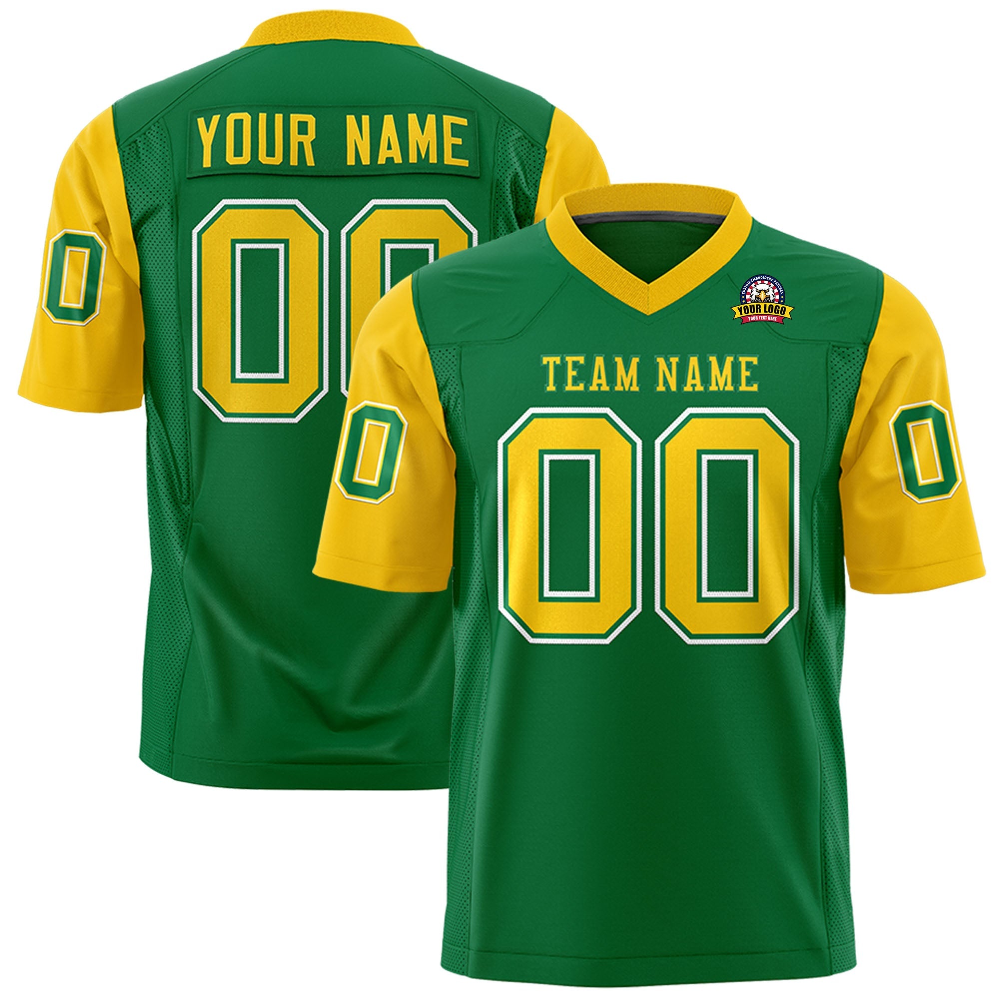 Custom Kelly Green Gold Personalized Raglan Sleeves Design Authentic Football Jersey