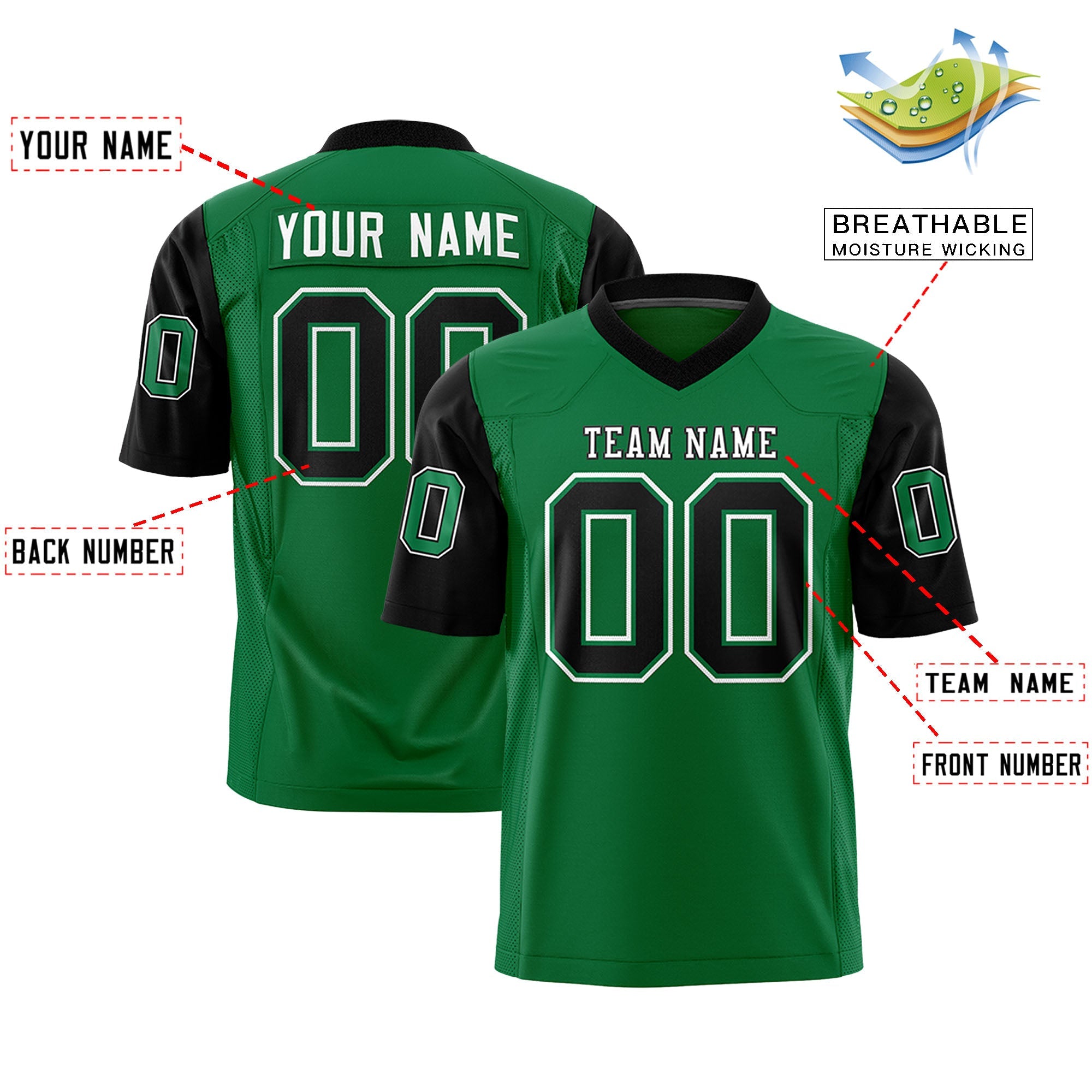 Custom Kelly Green Black Personalized Raglan Sleeves Design Authentic Football Jersey