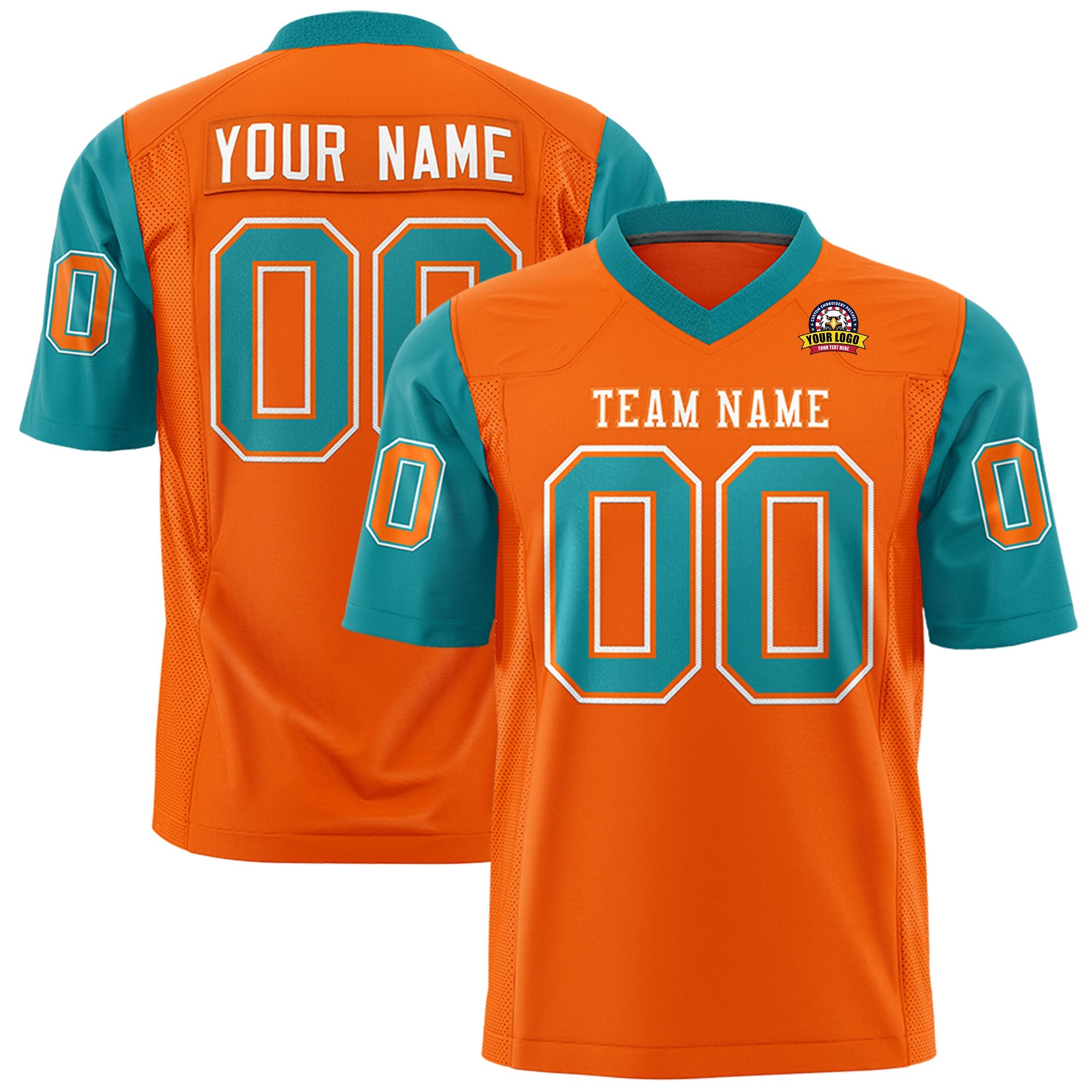 Custom Orange Aqua Personalized Raglan Sleeves Design Authentic Football Jersey