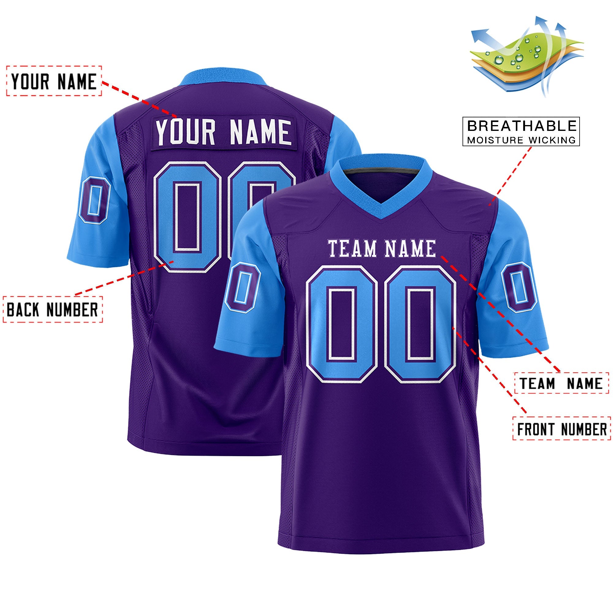 Custom Purple Powder Blue Personalized Raglan Sleeves Design Authentic Football Jersey