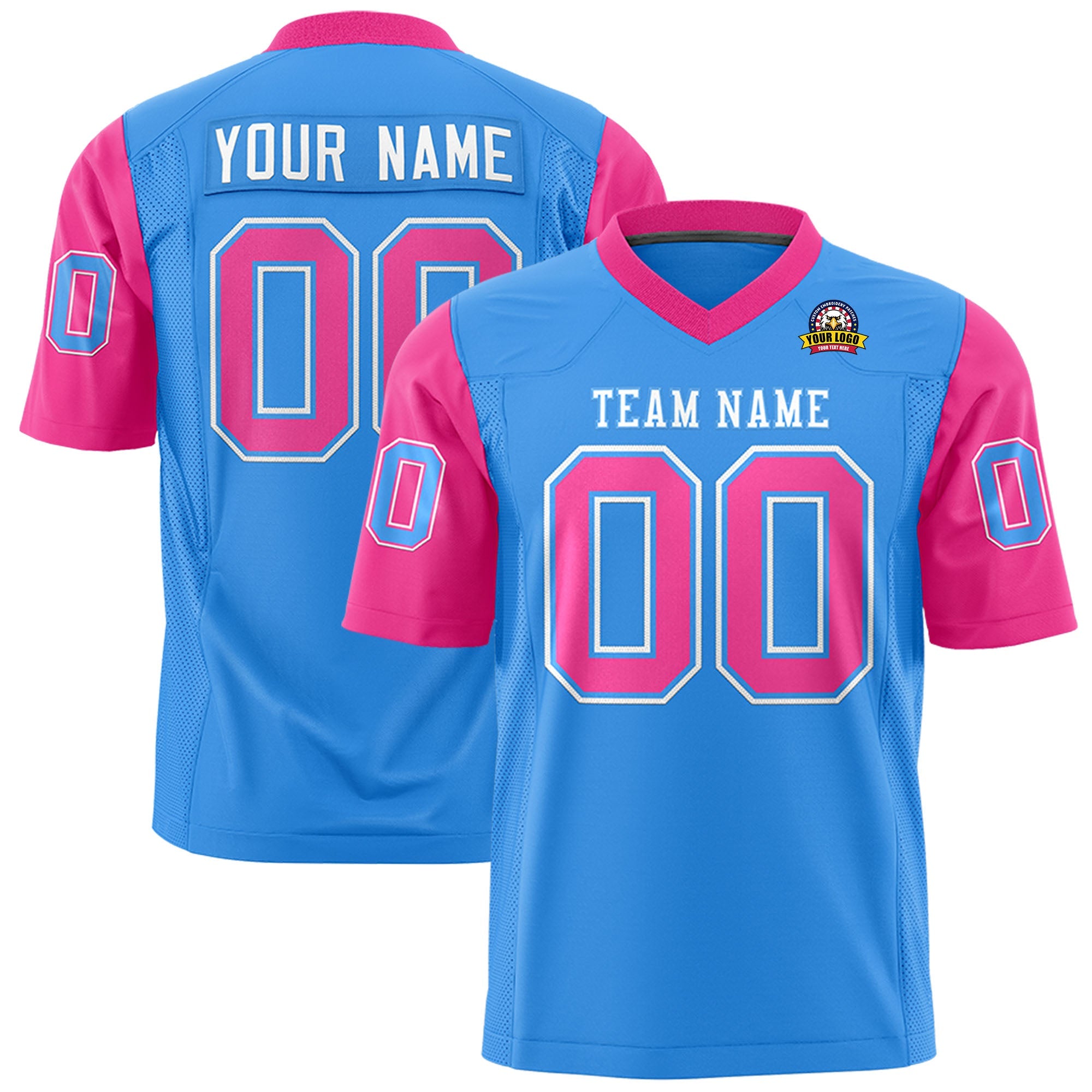 Custom Powder Blue Pink Personalized Raglan Sleeves Design Authentic Football Jersey