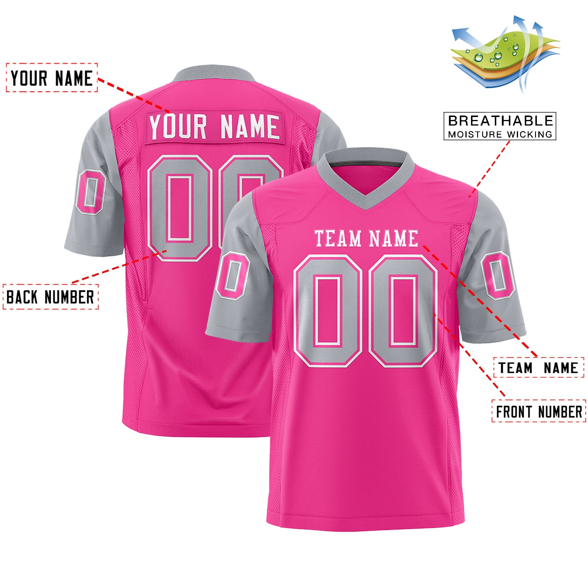 Custom Pink Gray Personalized Raglan Sleeves Design Authentic Football Jersey