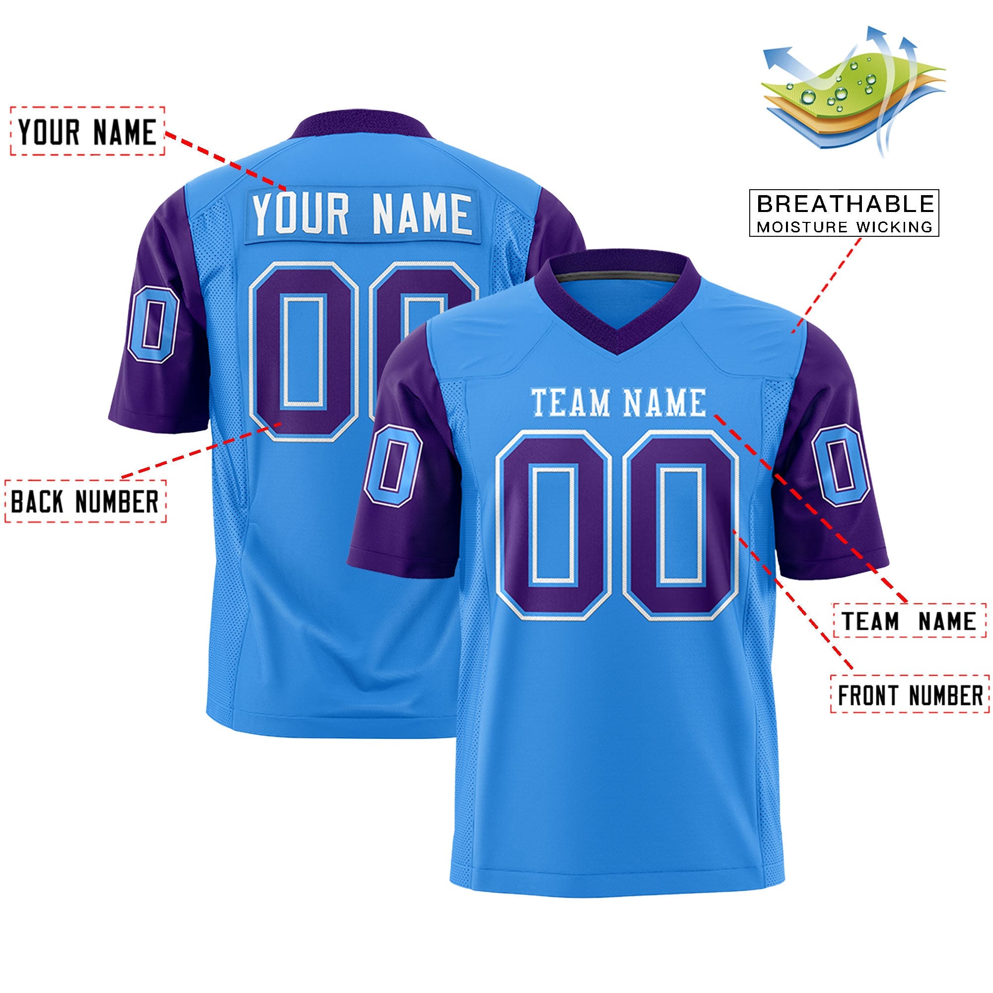 Custom Powder Blue Purple Personalized Raglan Sleeves Design Authentic Football Jersey