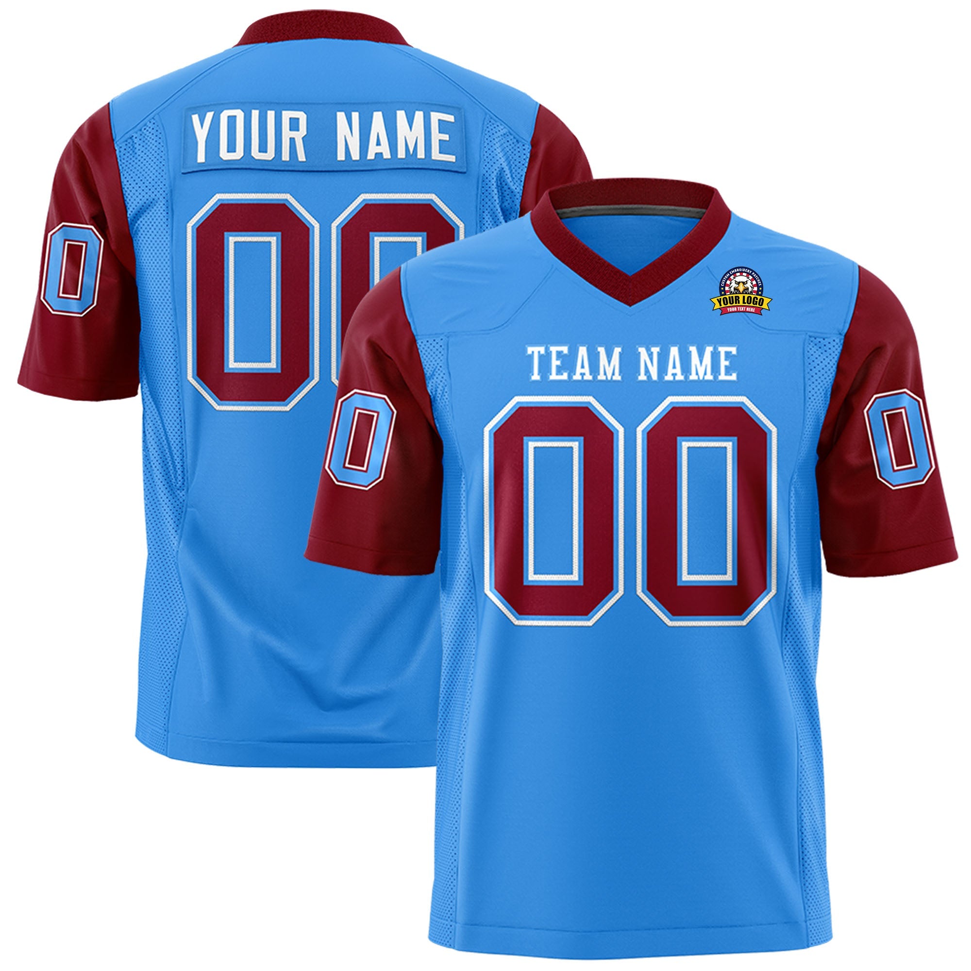 Custom Powder Blue Crimson Personalized Raglan Sleeves Design Authentic Football Jersey