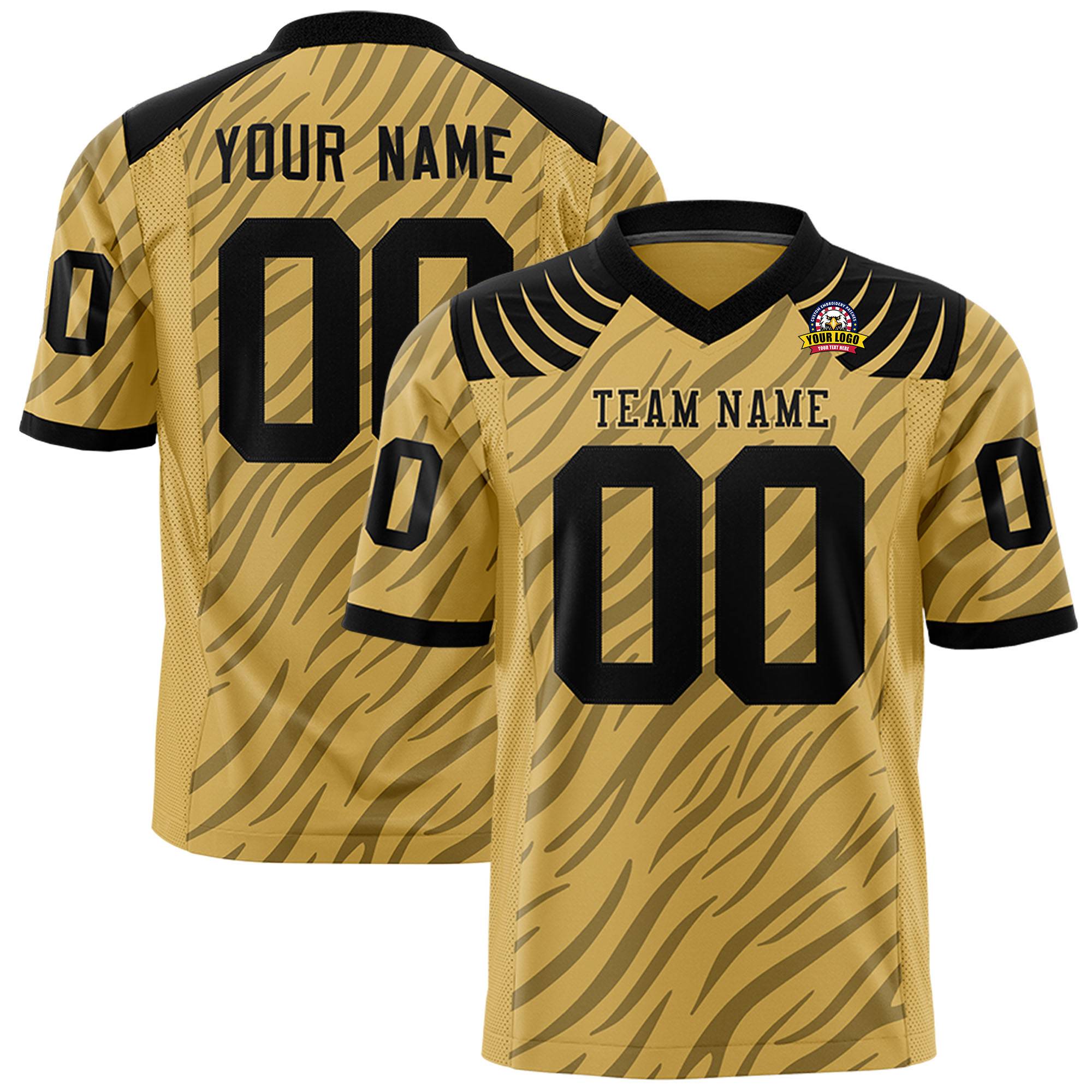 Custom Khaki Black Personalized Tiger Stripe Graffiti Pattern Authentic Football Jersey