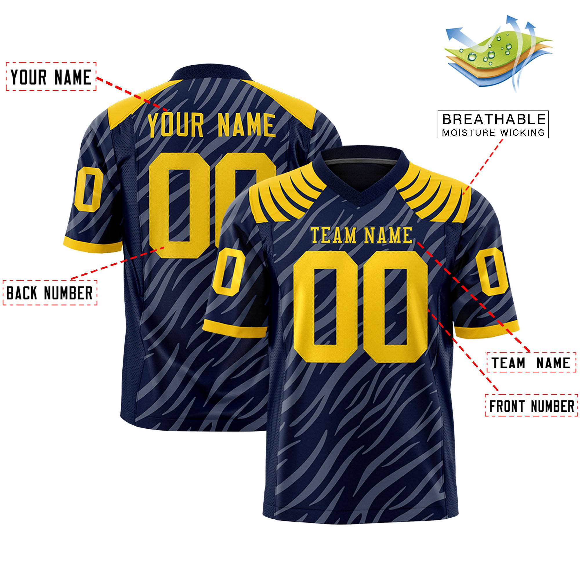 Custom Navy Gray Personalized Tiger Stripe Graffiti Pattern Authentic Football Jersey