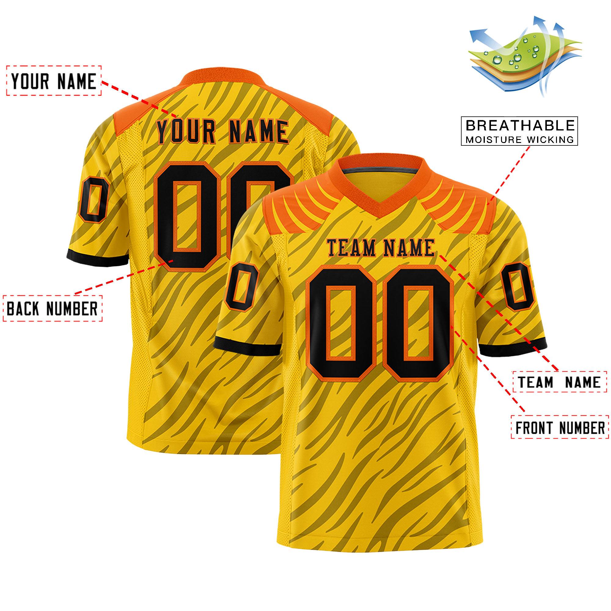 Custom Gold Black Personalized Tiger Stripe Graffiti Pattern Authentic Football Jersey