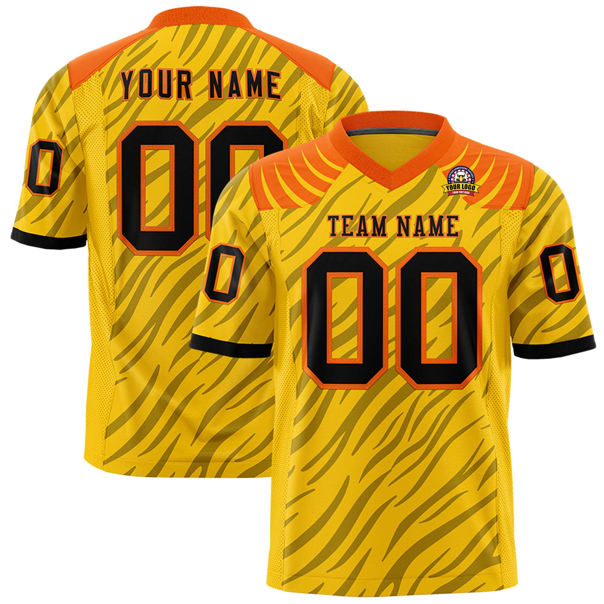 Custom Gold Black Personalized Tiger Stripe Graffiti Pattern Authentic Football Jersey